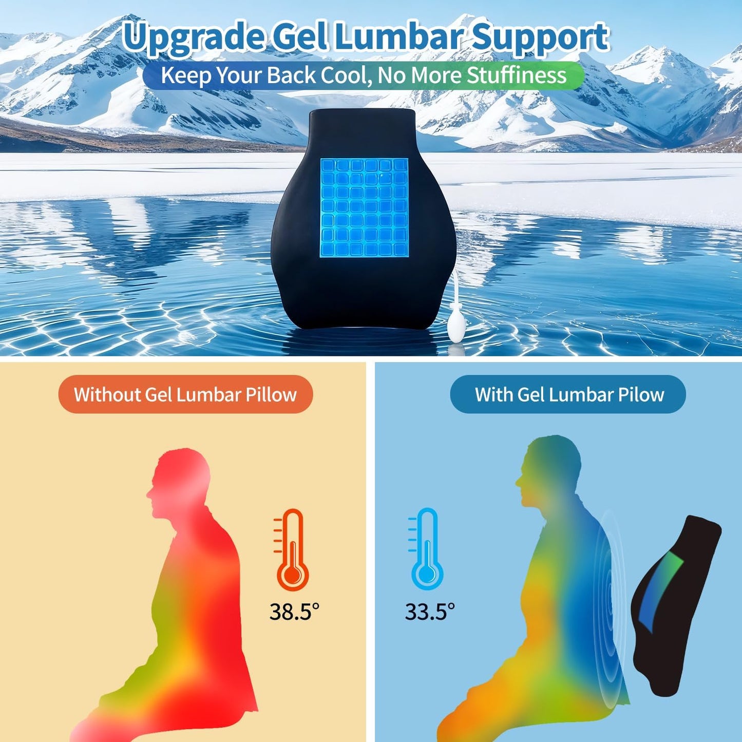 Adjustable Air Bag Lumbar Support Pillow for Office Chair with Cooling Gel - Adjustable Lumbar Support Height Back Support Pillow for Lower Back Pain Relief, Keep Your Back Cool And Dry, Black
