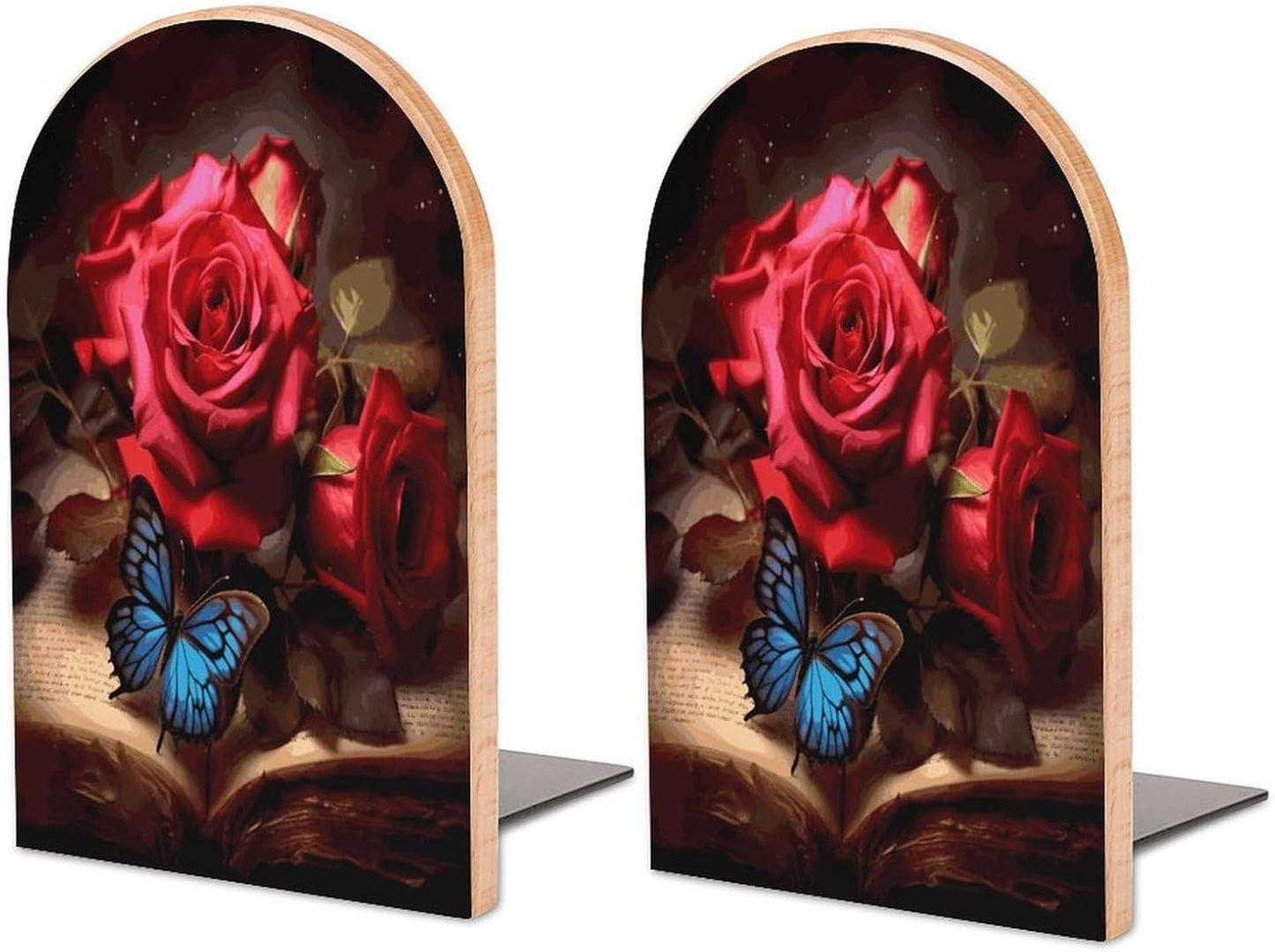 Beautiful Flower Butterfly Roses Bookend for Shelves Wooden Book End Large Size Sturdy Book Holders Stoppers with Metal Base for Bookshelves Slick Decorative Bookends Stands