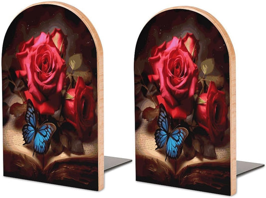 Beautiful Flower Butterfly Roses Bookend for Shelves Wooden Book End Large Size Sturdy Book Holders Stoppers with Metal Base for Bookshelves Slick Decorative Bookends Stands