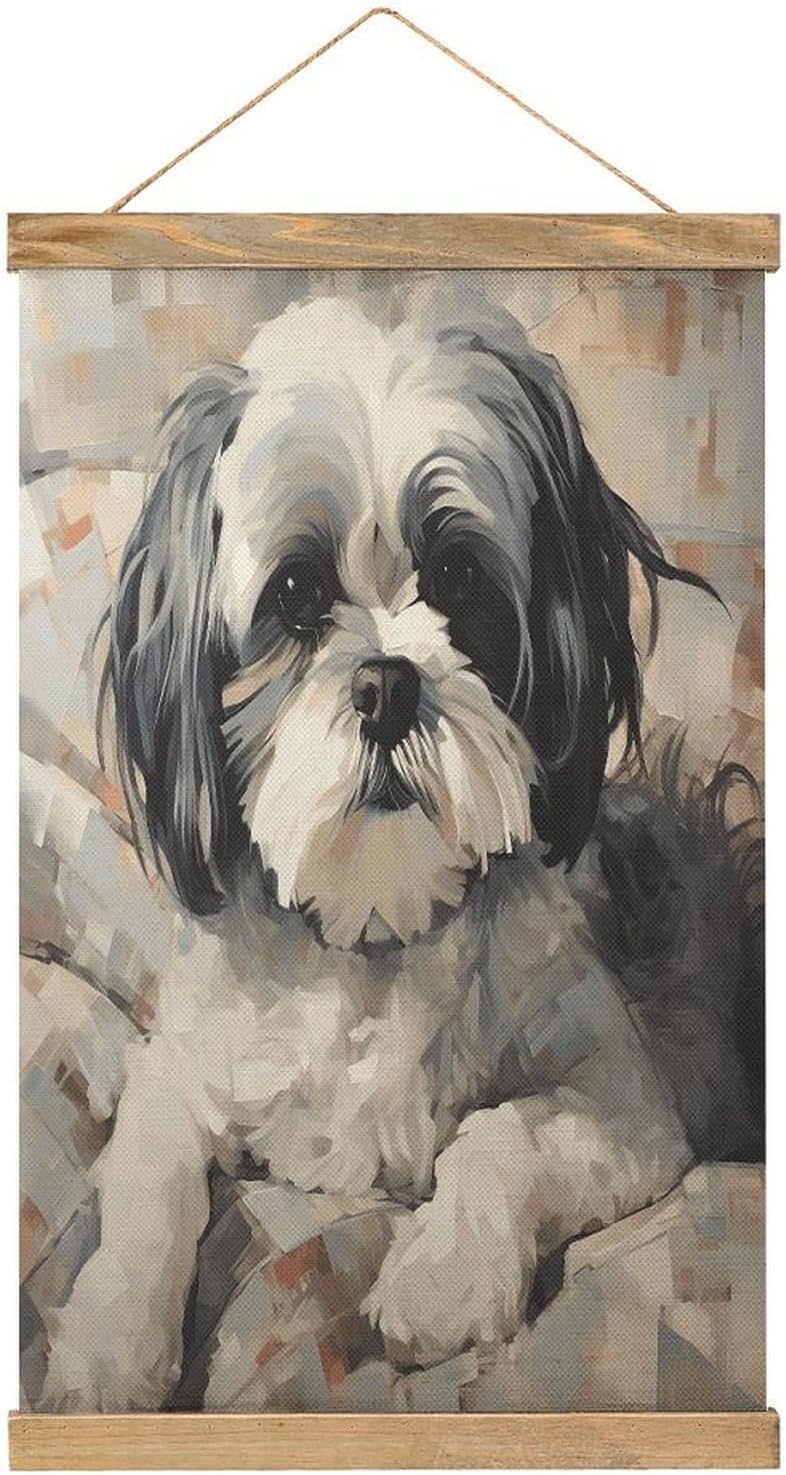 Vintage Shih Tzu Poster with Wooden Frame Personalized Linen Hanging Scroll Painting Rustic Wall Hanging Illustrative Modern Artwork Decor for Home Living Room Bedroom Office
