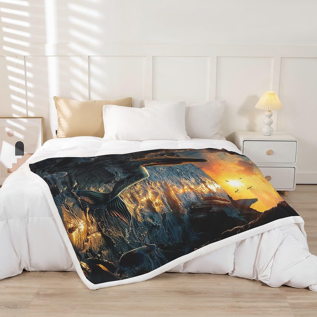 Castle Fairy 3D Mermaid Blanket Twin 60x80 Dreamy Sunset Landscape Blanket for Boys Girls Sea Mew Birds Sherpa Blanket Glitter Mermaid Tail Blanket Living Room Decor
