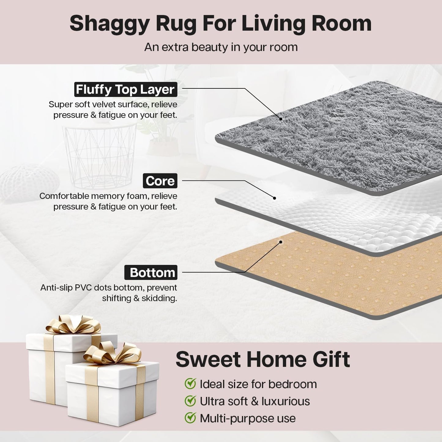 MOONLIGHT20015 Shaggy Area Rugs for Living Room Bedroom 3x5 Feet Grey, Fluffy Soft Throw Rug for Entryway Indoor Floor Carpet, Fuzzy Shag Rug for Nursery Girls Boys Kids Rooms, Dorm, Home Décor