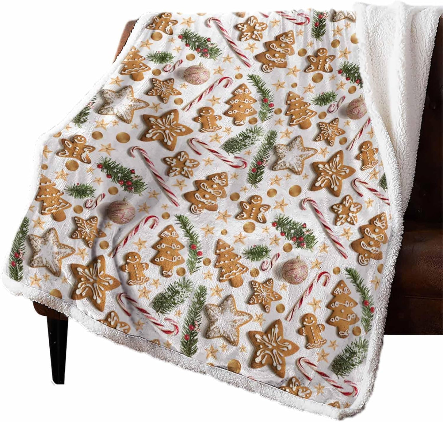 Christmas Sherpa Blanket Gingerbread Man Sherpa Throw Blanket Soft Cozy Fuzzy Brown Biscuit Leaf Branch Star Fleece Flannel Plush Blankets Warm Throw Blankets for Couch Sofa Bed 40" x 50"