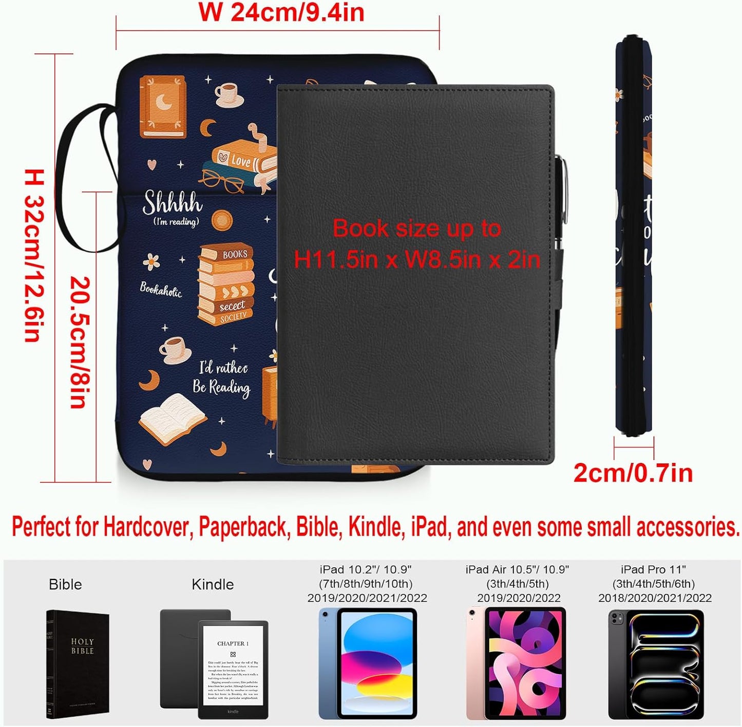 Book Sleeve for Book Lovers,Just One More Chapter Waterproof PU Leather Travel Book Carrying Case,Book Pouch with Zipper,Cute Cat Book Portable Book Protector Cover Bag for Hardcover Paperbacks Gift