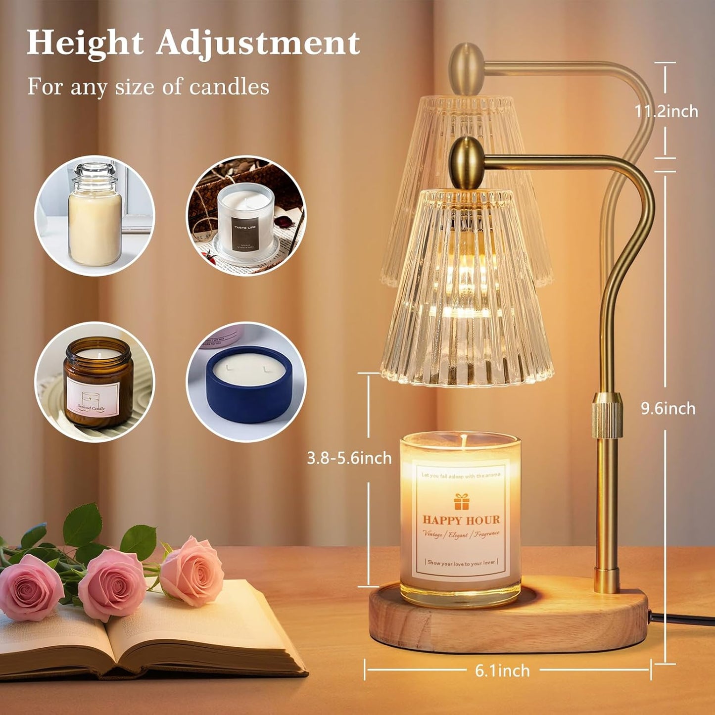 Candle Warmer Lamp, with Timer and Dimmer, Adjustable Height, Mother' s Day Gifts for Mom, Birthday Gifts for Women, House Warming Gifts Room Decor, Wax Warmer for Jar Candles(Amber)