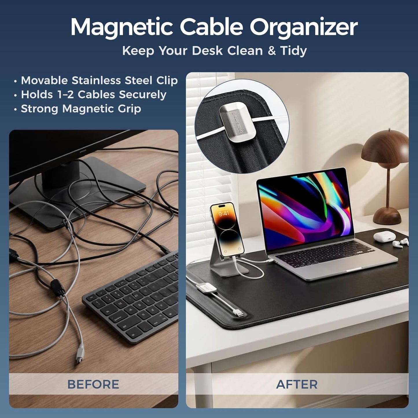 Premium Double-Sided Faux Leather Desk Pad – Non-Slip, Waterproof, with Magnetic Cable Organizer & File Storage – Designed for Offices & Creative Spaces – Durable & Easy to Clean（Black）