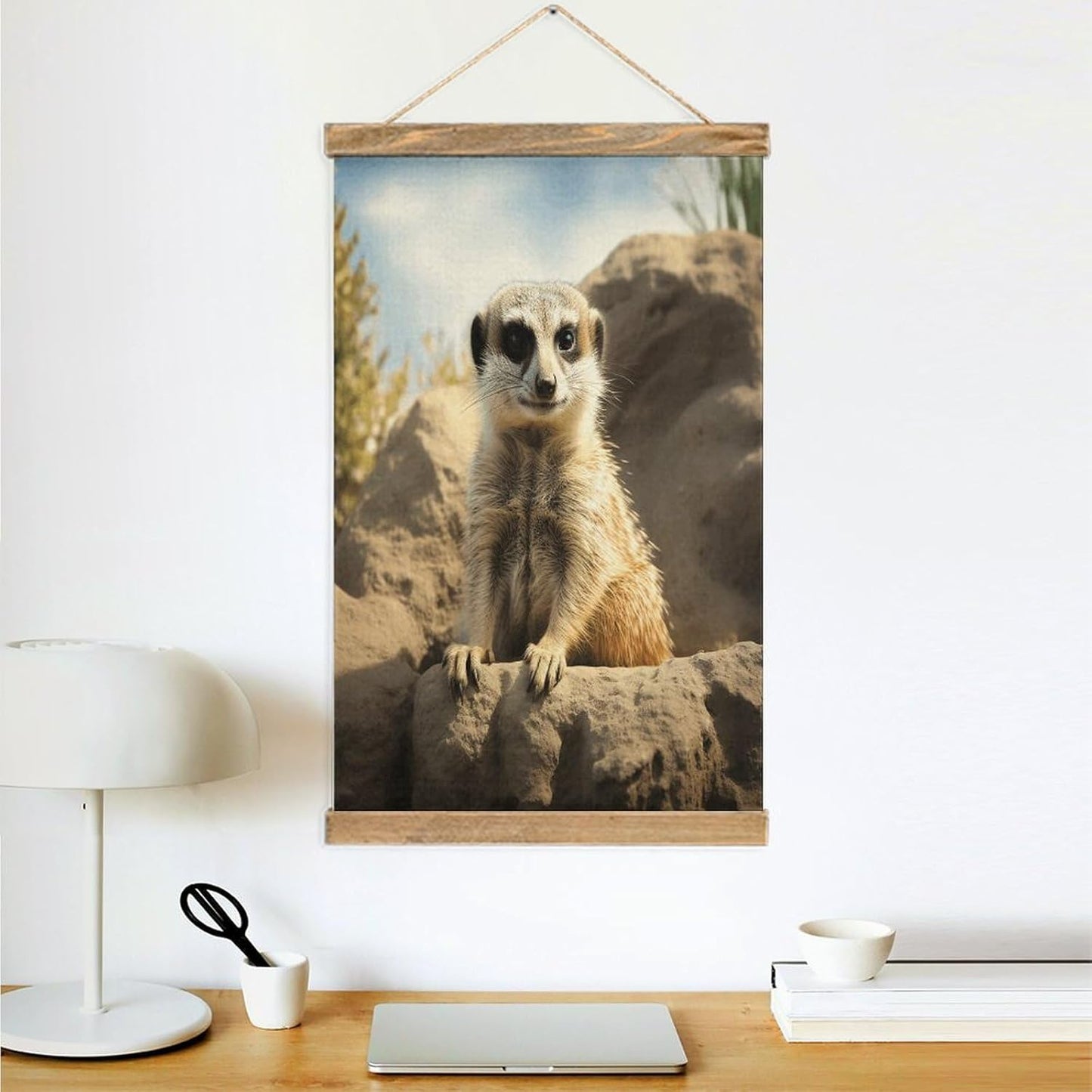 Vintage Meerkat Animal Poster with Wooden Frame Personalized Linen Hanging Scroll Painting Rustic Wall Hanging Illustrative Modern Artwork Decor for Home Living Room Bedroom Office