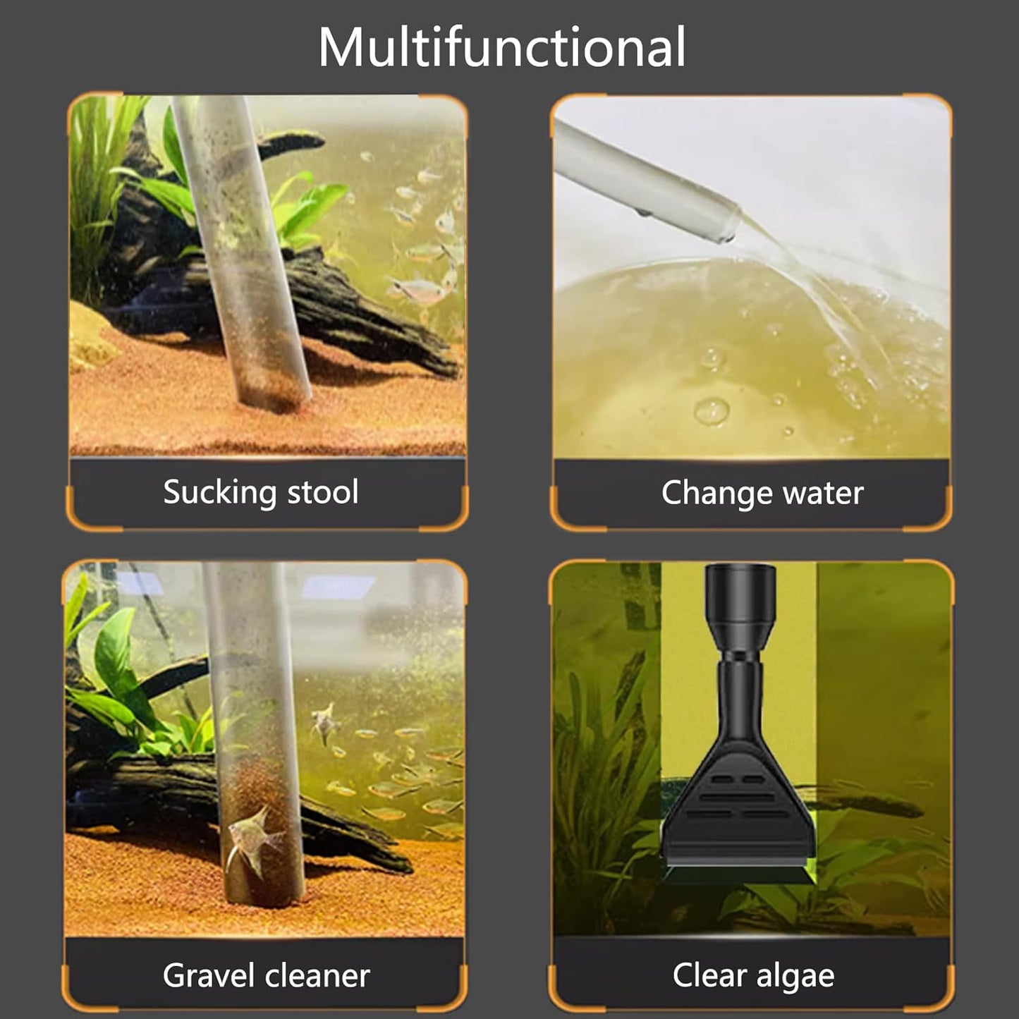 Carefree Fish Aquarium Gravel Cleaner 15~30In with 6Ft Water Hose Fish Tank Water Changer Sand Vacuum with Skimmer Net and Long Handle Sponge Brush Algae Scraper