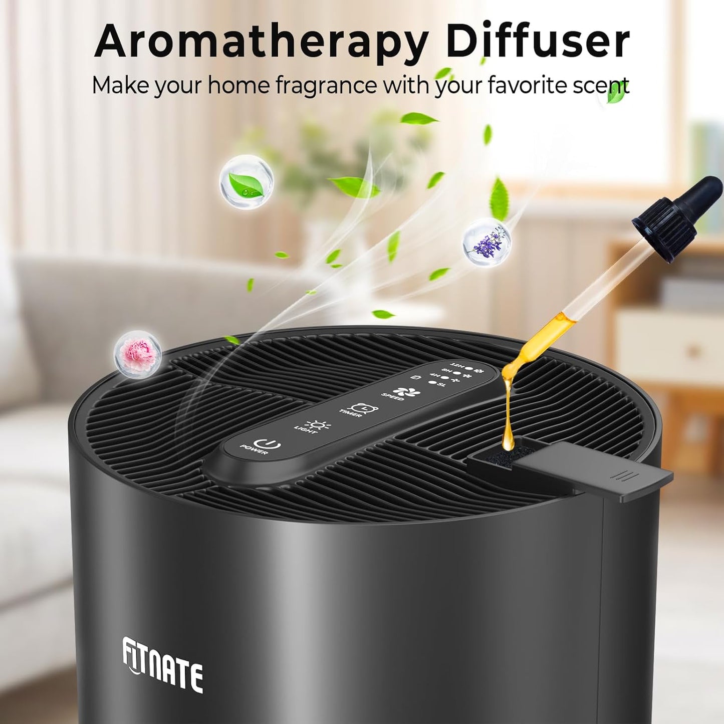 FITNATE Air Purifiers for Home Large Room Up to 1076 Ft² with Aromatherapy, H13 True HEPA Air Purifier for Pets, Quiet Air Cleaner for Dust Pollen Pet Dander Odor, with Night Light,Timer, Black