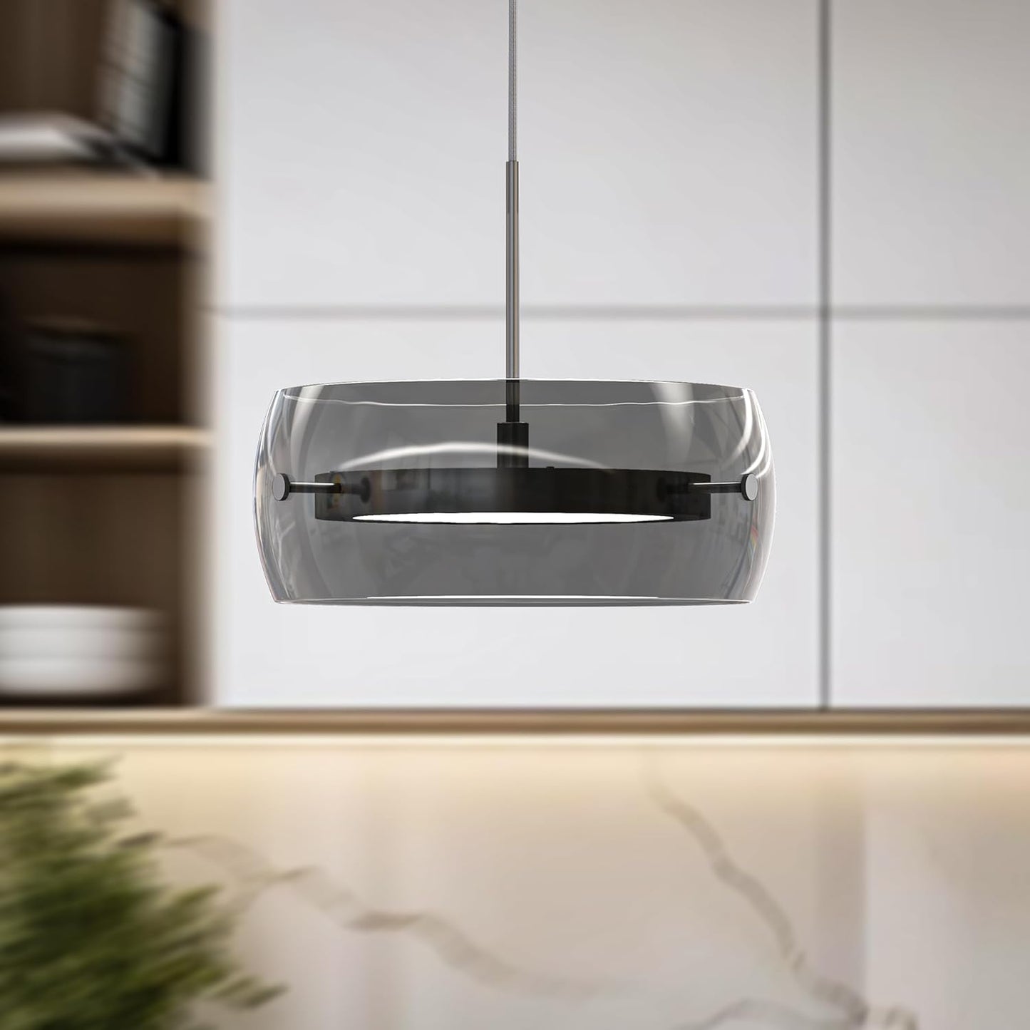 모던 펜던트 조명 주방 아일랜드, 양면 LED 3-CCT 조도 조절 가능한 훈제 유리 벽걸이 조명 기구, 다이닝 룸, 바, 테이블 위, 경사진 천장 크롬 실버
