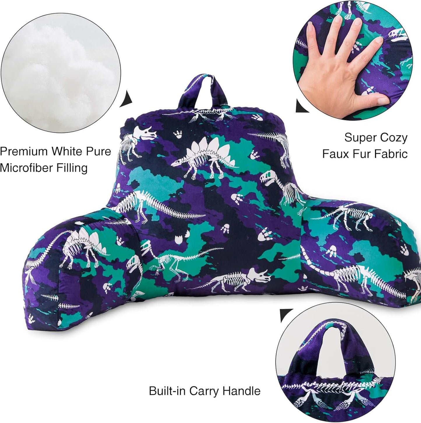 Aimuan Dinosaurs Reading Pillow Bed Rest Wedge Backrest Pillow with Arms Back Support for Sitting Up in Bed Cushion Incline Rest Sleeping Snoring Pillow (Navy-Cyan)