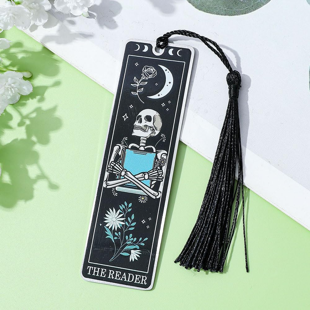 3Pcs Unique Skull Reader Bookmark - Metal Bookmark with Black Tassel, Star and Rose Pattern, Engraved “The Reader” for Dark Gothic Lovers, Women Readers Fantasy Gift Gothic Gift (Black Skull Reader)