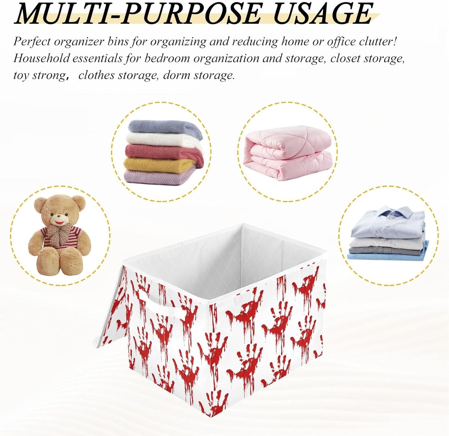 Bolaz Storage Bins with Lids and Handles, Bloody Scary Hands Storage Box Storage Basket with Cover Collapsible Organizer Containers for Home Closet, Shelves
