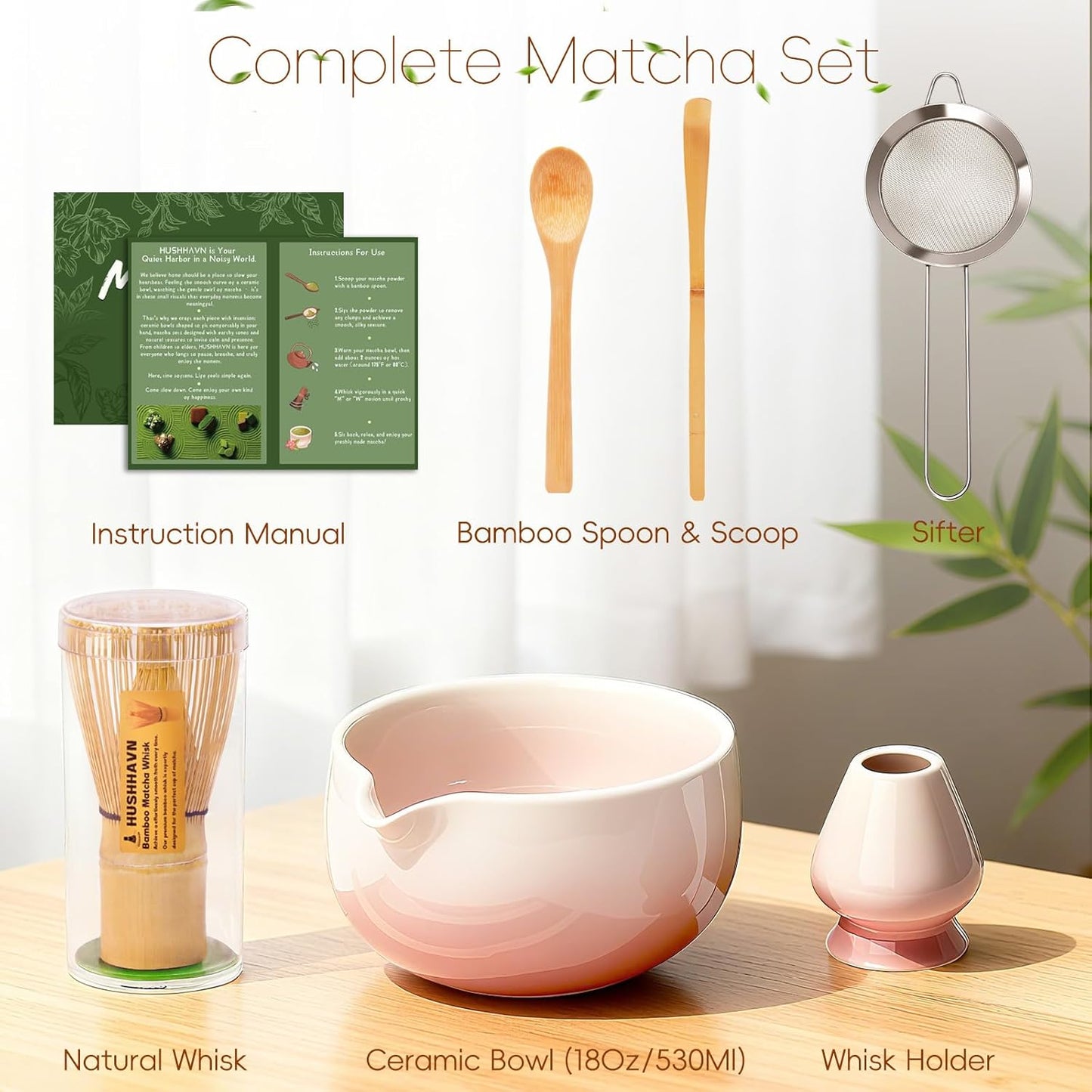 Matcha Whisk Set, Ceramic Matcha Set Includes Bowl & Holder, Bamboo Whisk (Chasen), Scoop, Spoon and Sifter, 6PCS Matcha Kit Covers Everything Needed for Making Matcha (Pink)