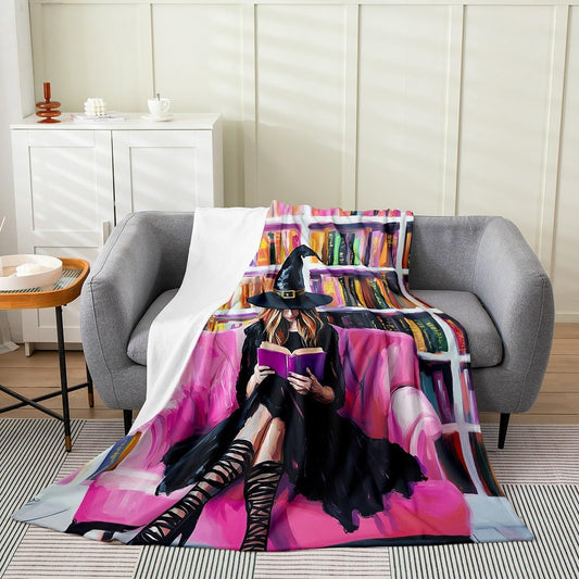 Manfei Witch Reading Flannel Blanket Cartoon Bookshelf Throw Blanket Halloween Theme Cozy Throws for Bed Couch Sofa,Kids Boys Girls Room Decor,Soft and Breathable(60 x 80 Inches)