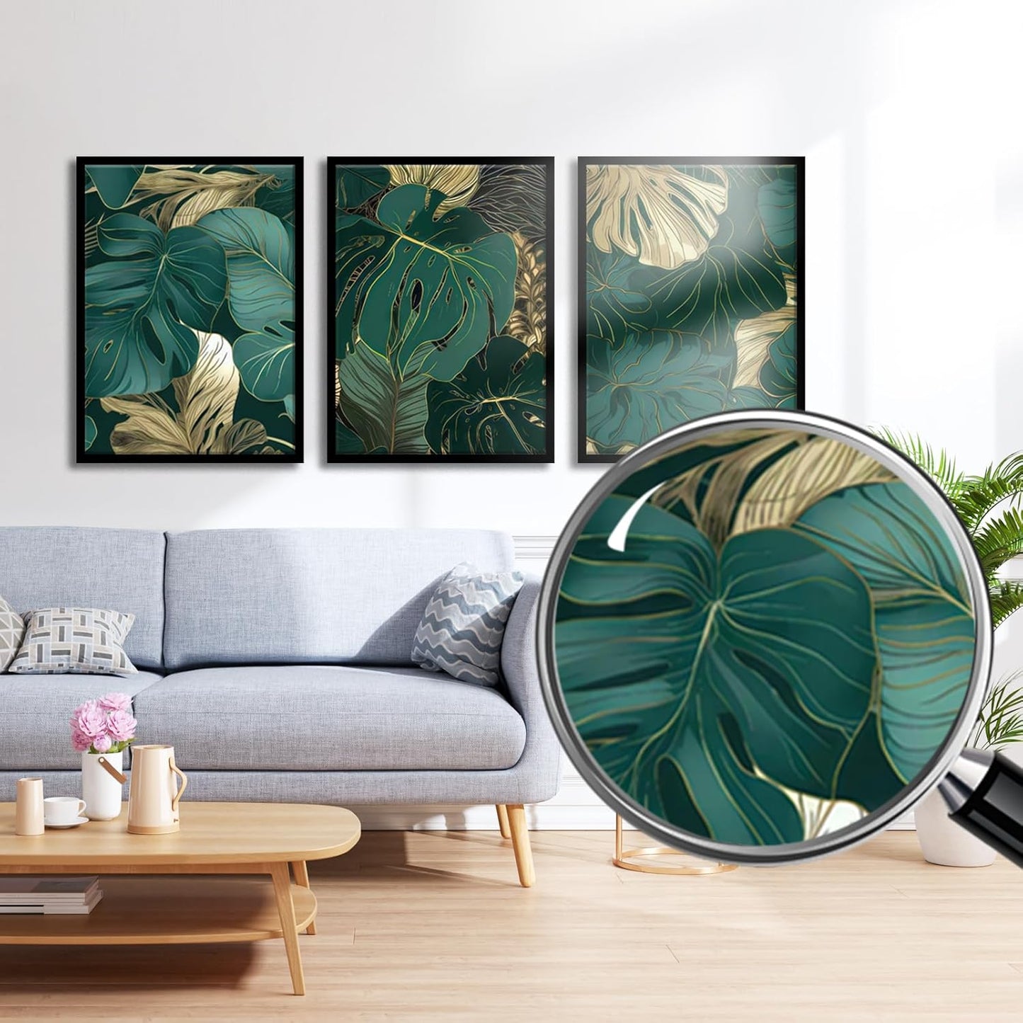 Framed Gold Green Wall Art Set of 3 Tropical Botanical Picture Emerald green Leaf Painting Prints Wall Decor with Black Frame Modern Plant Poster for Living Room Bedroom Bathroom Office 16x24Inch
