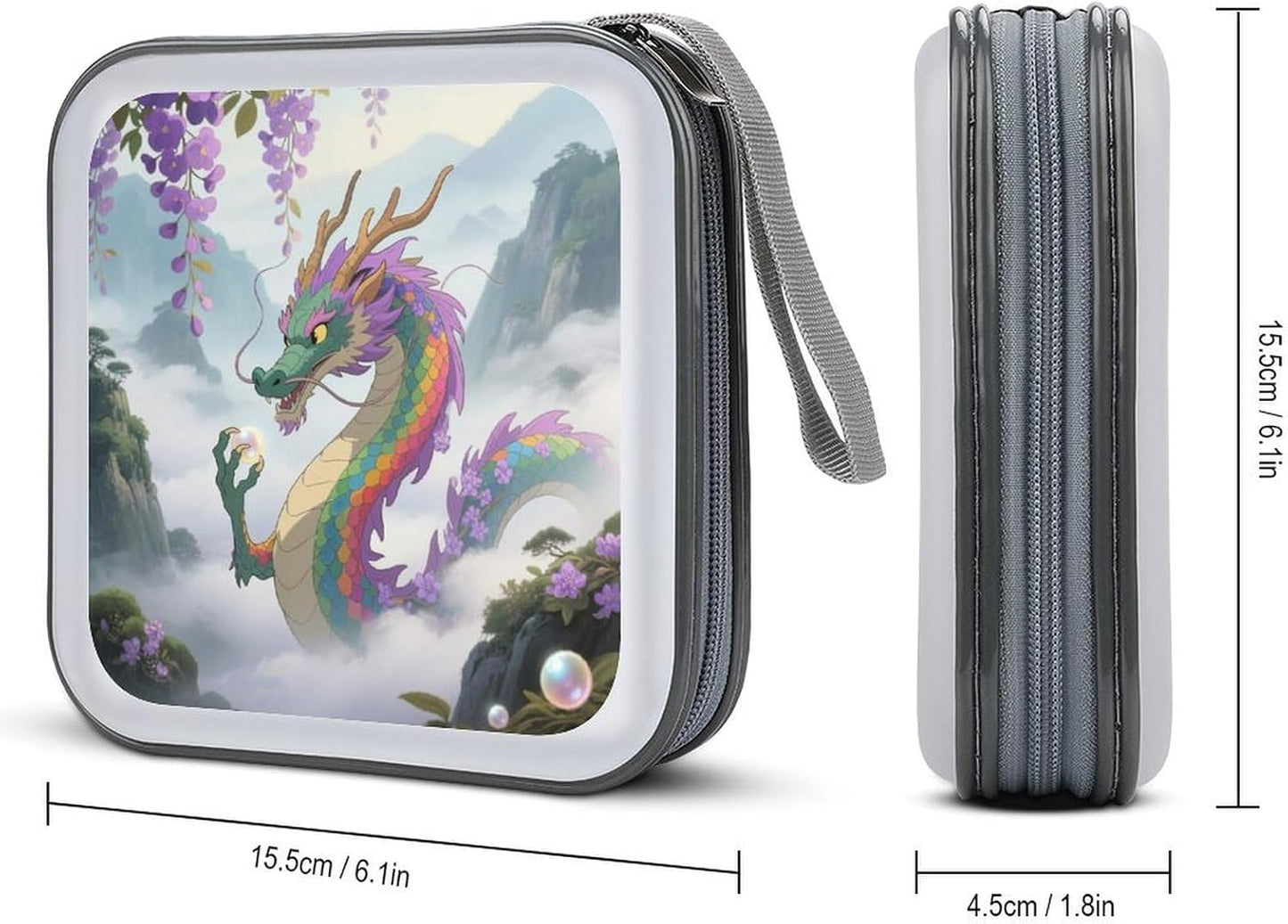 Rainbow Scaled Eastern Dragon CD Case Portable Zipper CD Case 40 Capacity Hard Plastic DVD Cases Holder Large Storage Disc Wallet Bag for Car Home Travel DVD Collection Bag