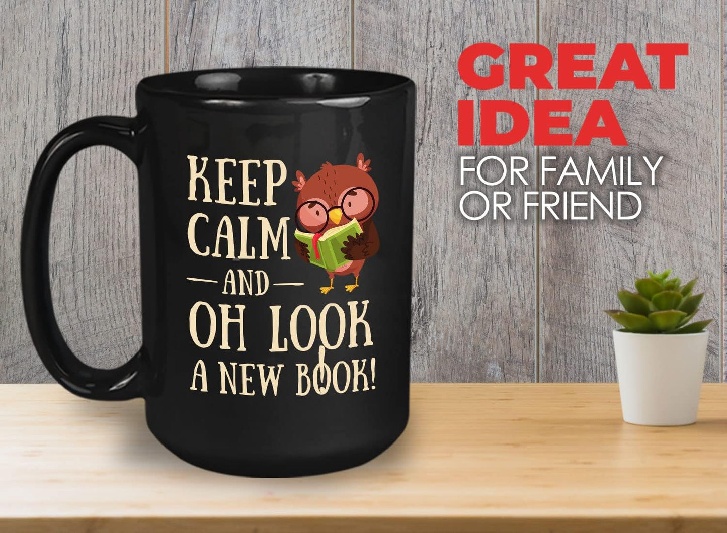 Bubble Hugs Book Lover Coffee Mug 15oz Black - Keep Calm and Oh New Book - Reading Owl Reader Stack of Books Lover Bookish Novelist Librarian Writer