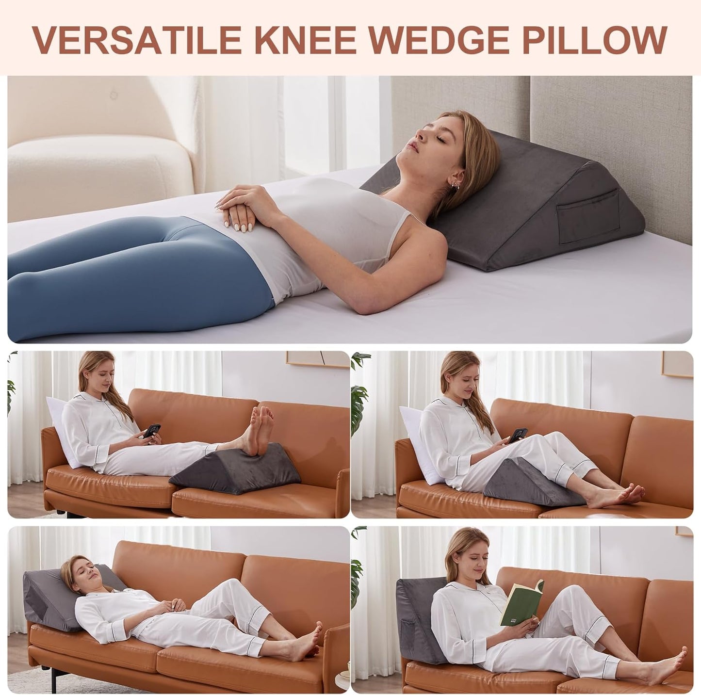 Knee Pillow for Back Sleeping, Leg Pillow Knee Wedge Pillow, Memory Foam Wedge Pillows for Legs After Surgery, Triangle Pillow for Knee Support, Leg Elevation, Knees Hip Back Pain Relief, Short Plush