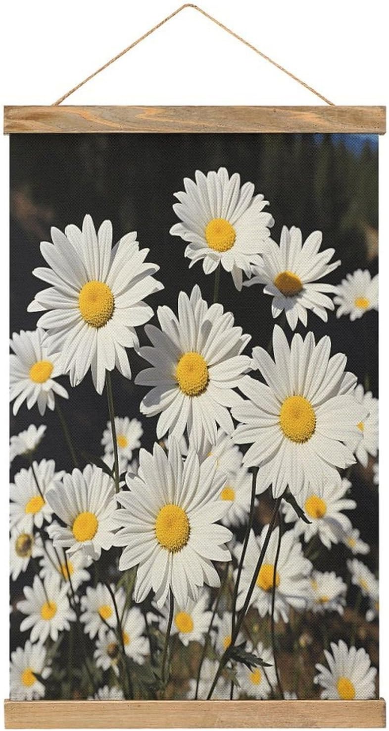 Vintage White Daisy Poster with Wooden Frame Personalized Linen Hanging Scroll Painting Rustic Wall Hanging Illustrative Modern Artwork Decor for Home Living Room Bedroom Office