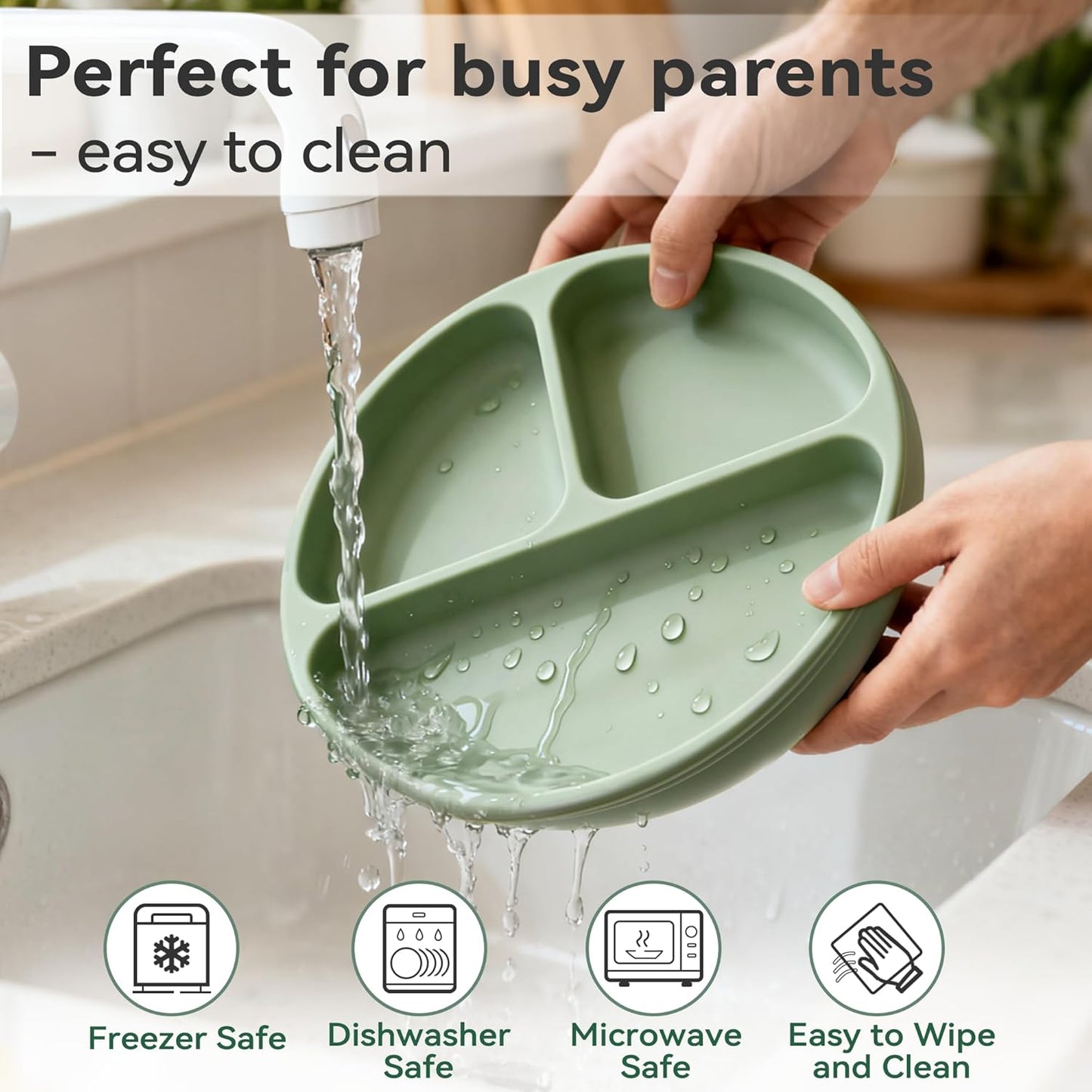 Silicone Baby Feeding Set, Baby Led Weaning Supplies, Eating Essentials Utensils with Suction Plate and Bowl, Pocket Bib, Sippy Cup with Lid, Forks Spoons Snack Container, for 6+ Months, Green