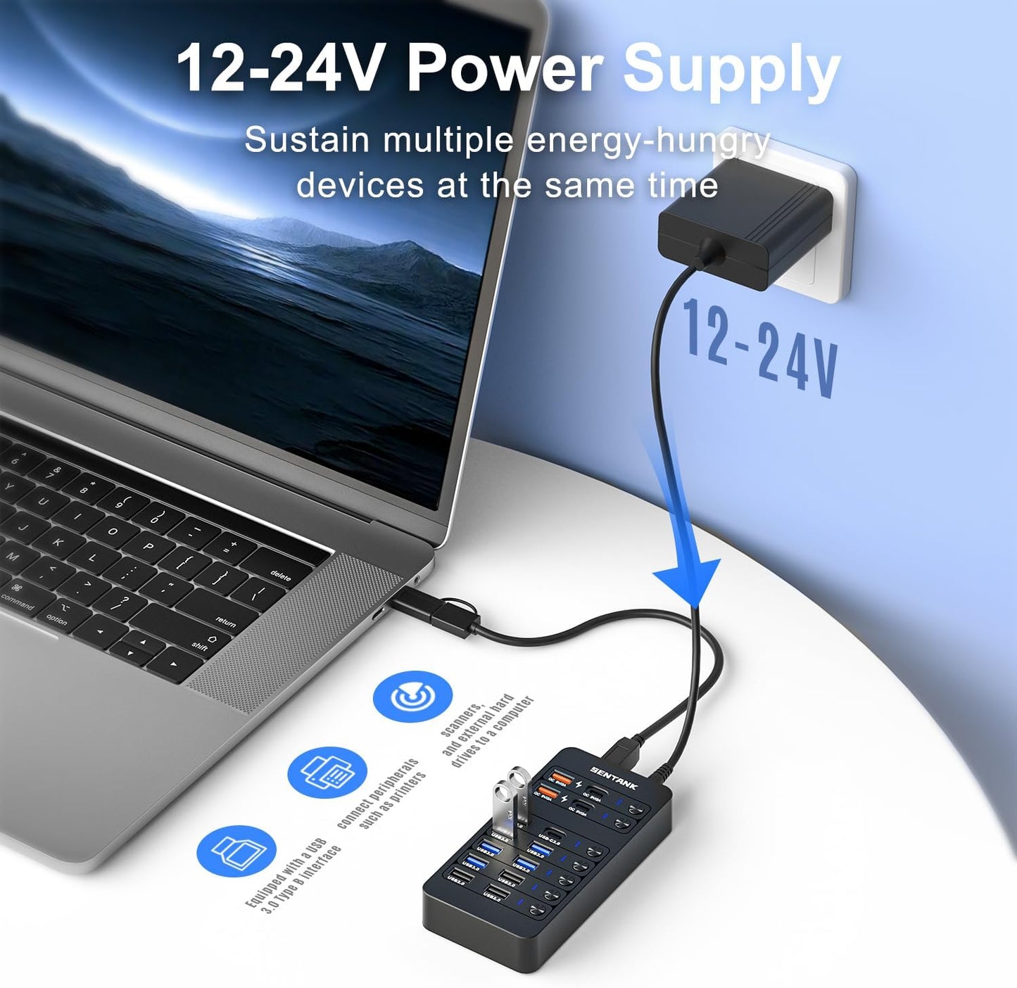 Powered USB Hub,14 Ports USB Data Hub Splitter with 6 USB 3.0 Port,4 Charging Port,1 USB-C 3.0 Data Port,1 PD 60W Charging Port w LED Individual On/Off Switches for MacBook,Mac Pro,Laptop/PC