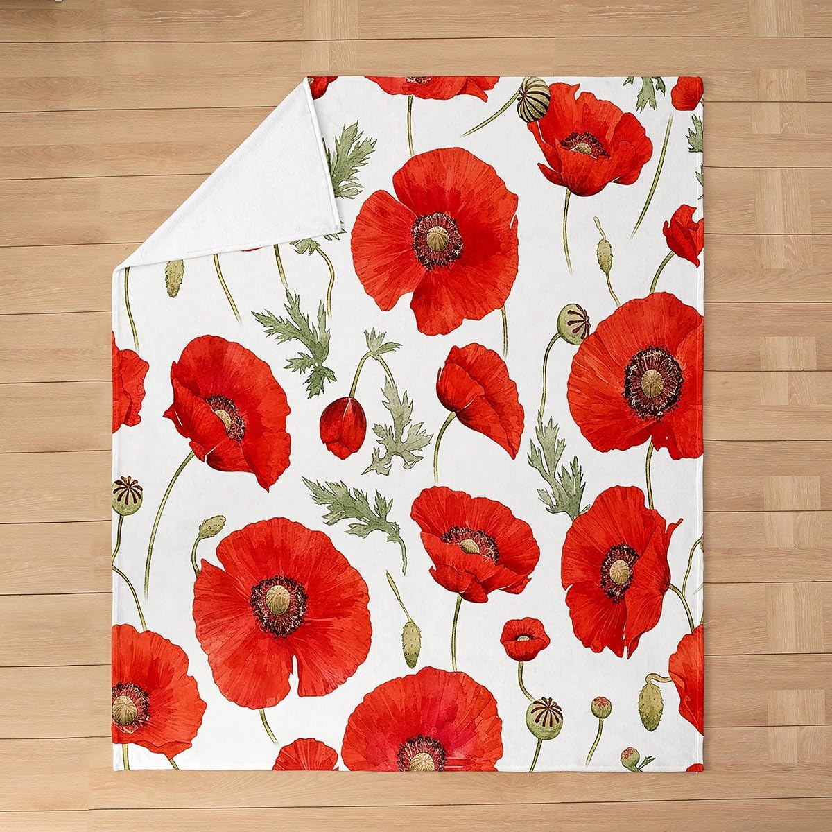Feelyou Red Poppy Fuzzy Blanket Throw 50"x60" Floral Flower Blossom Printed Flannel Fleece Throw Blanket for Kids Boys Girls Decor Botanical All Season Bed Blanket Spring Garden Plush Blanket