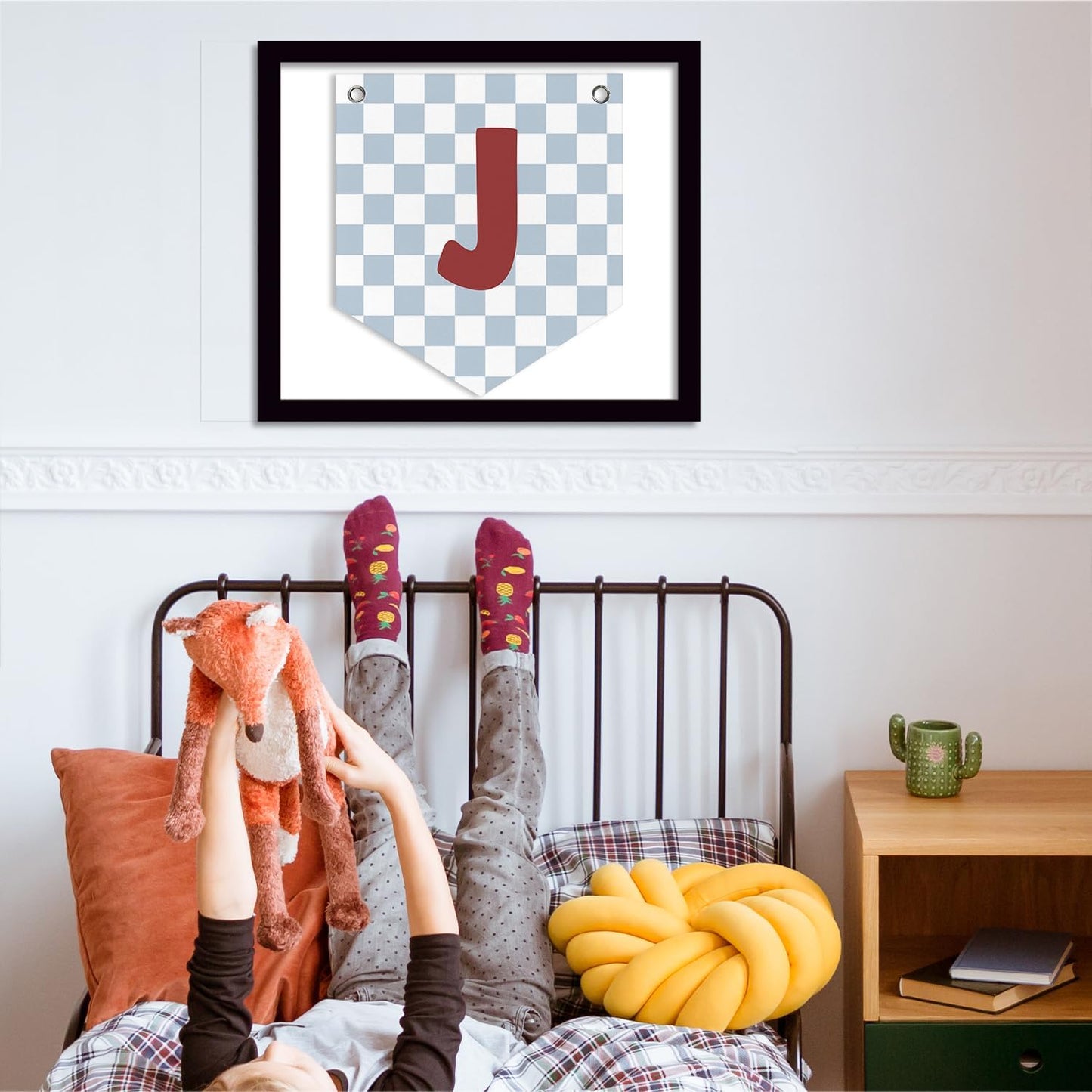 Kids Wall Art Felt Pennant Banner Flag, Custom Name Sign for Kids Room Toddler Bedroom Playroom, Bedroom Nursery Toddler Wall Art Decorations for Baby Shower, Letter J 12x14 Inch