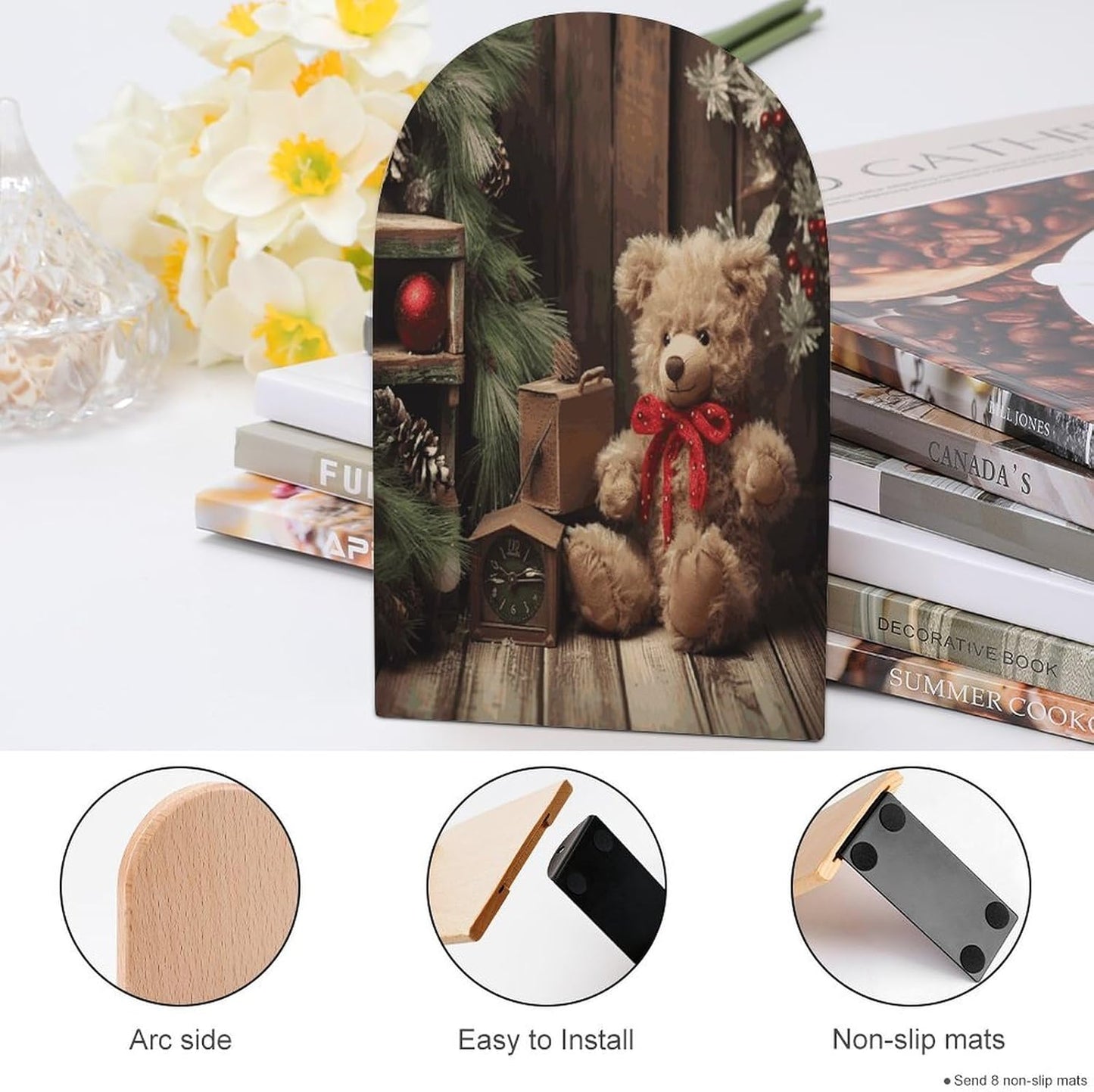 Xmas Tree Branch Bear Doll Bookend for Shelves Wooden Book End Large Size Sturdy Book Holders Stoppers with Metal Base for Bookshelves Slick Decorative Bookends Stands
