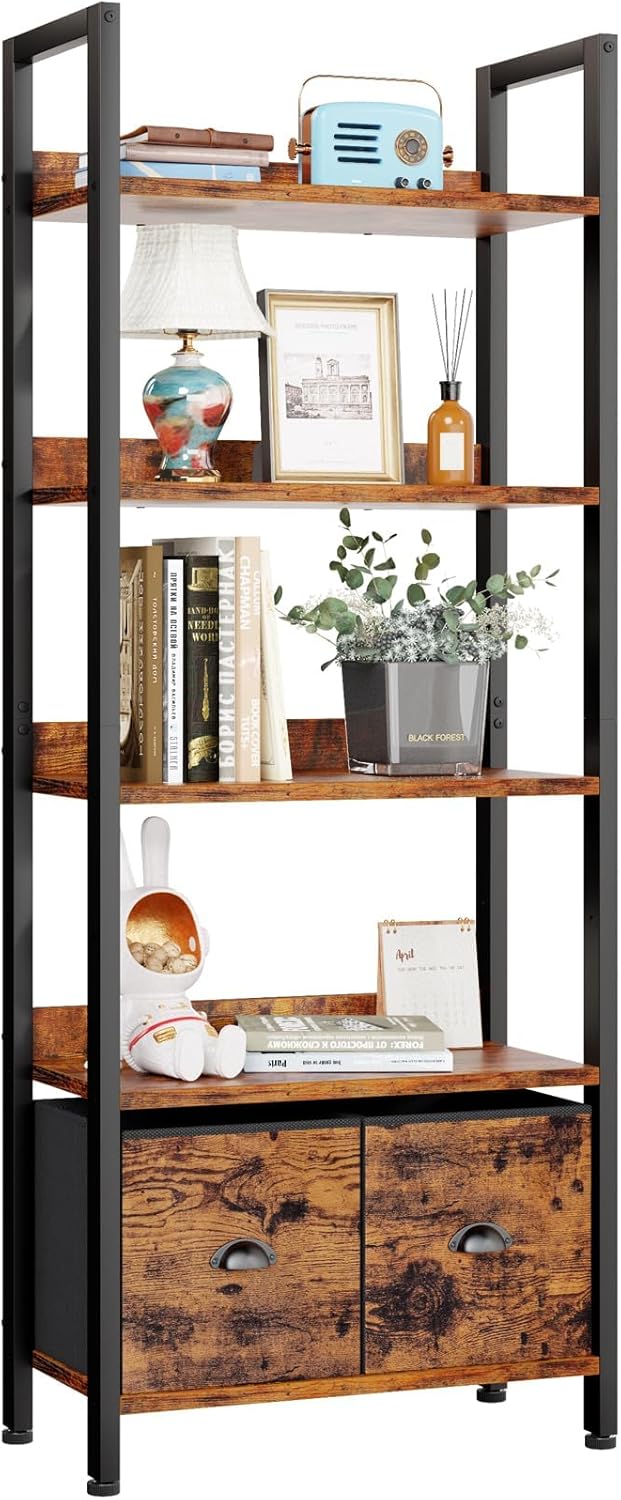 Furologee 5-Tier Bookshelf, Tall Bookcase with 2 Storage Drawers, Industrial Standing Storage Shelf, Wood Metal Display Rack for Living Room Bedroom Home Office, Rustic Brown