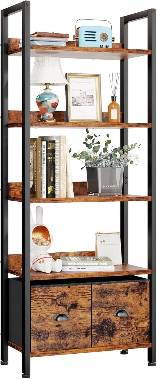 Furologee 5-Tier Bookshelf, Tall Bookcase with 2 Storage Drawers, Industrial Standing Storage Shelf, Wood Metal Display Rack for Living Room Bedroom Home Office, Rustic Brown