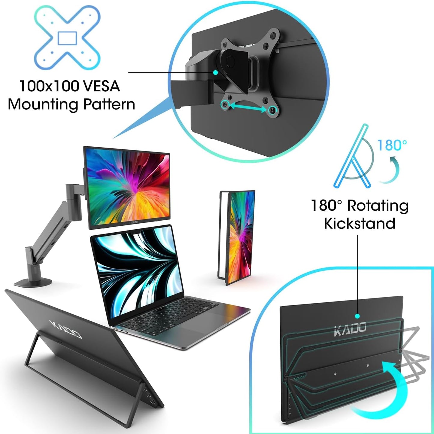 Kado Portable Monitor 15.6-inch FHD 1080p, 45W Reverse Charging Ultra-Slim Laptop Monitor 1920x1080 with Built-in Speakers, IPS Display 180° Kickstand for PC, Mac, Phone, Xbox, PS5, USB-C & Mini HDMI