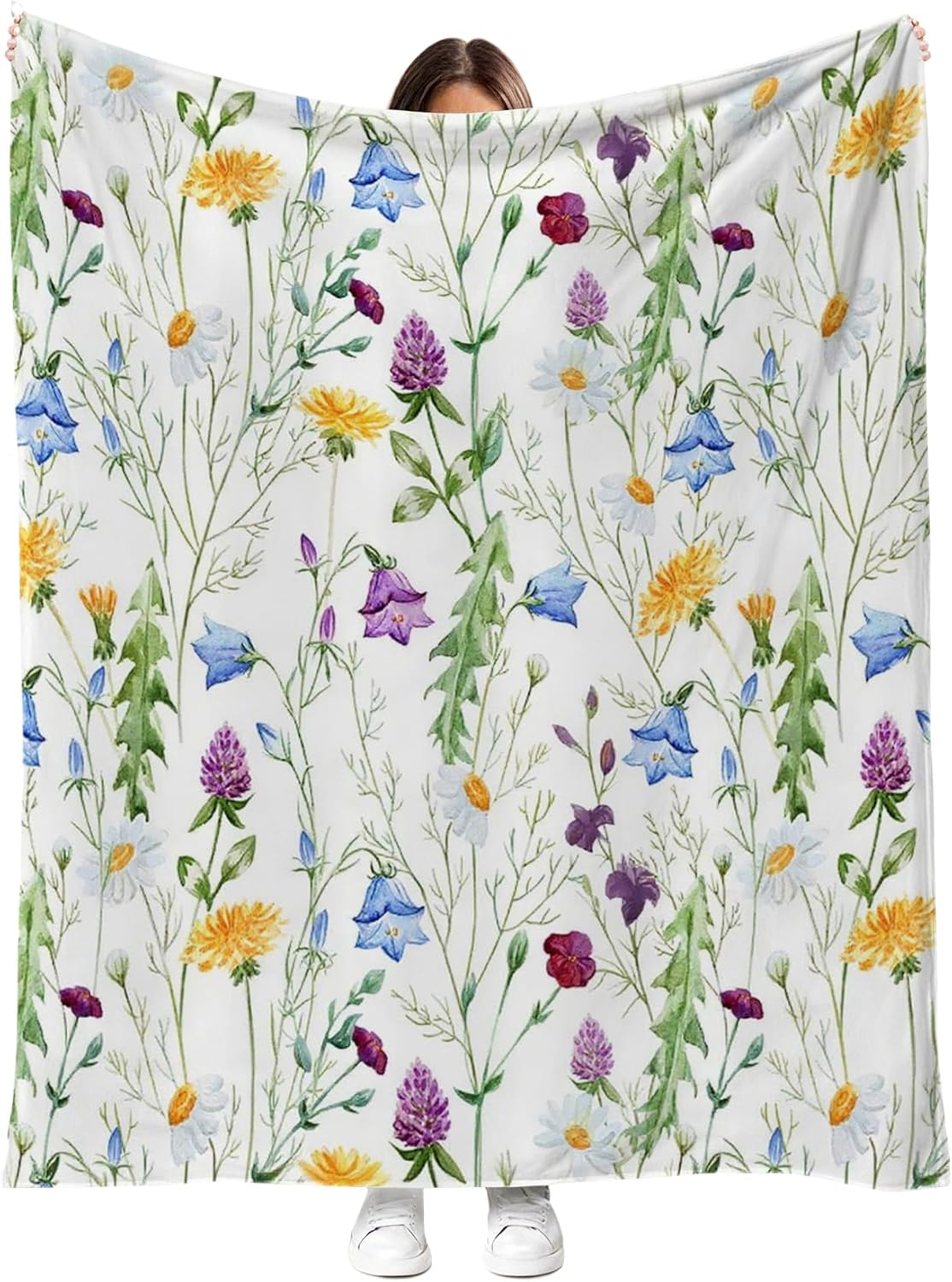 Boho Floral Throw Blanket Botanical Wildflower Butterfly Print Ultra Soft Cozy Flannel Blanket Rustic Home Decor for Couch Sofa Bed, 50x60 Inch