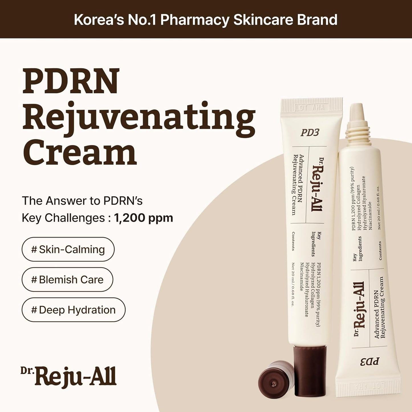 Dr. Reju-All PDRN Rejuvenating Cream – Rejuall PDRN Face Moisturizer – Optimal 1200ppm for Glass Skin & Plumping – Korean Pharmacy Anti-Aging Skin Care Face Cream - 0.7 Fl Oz