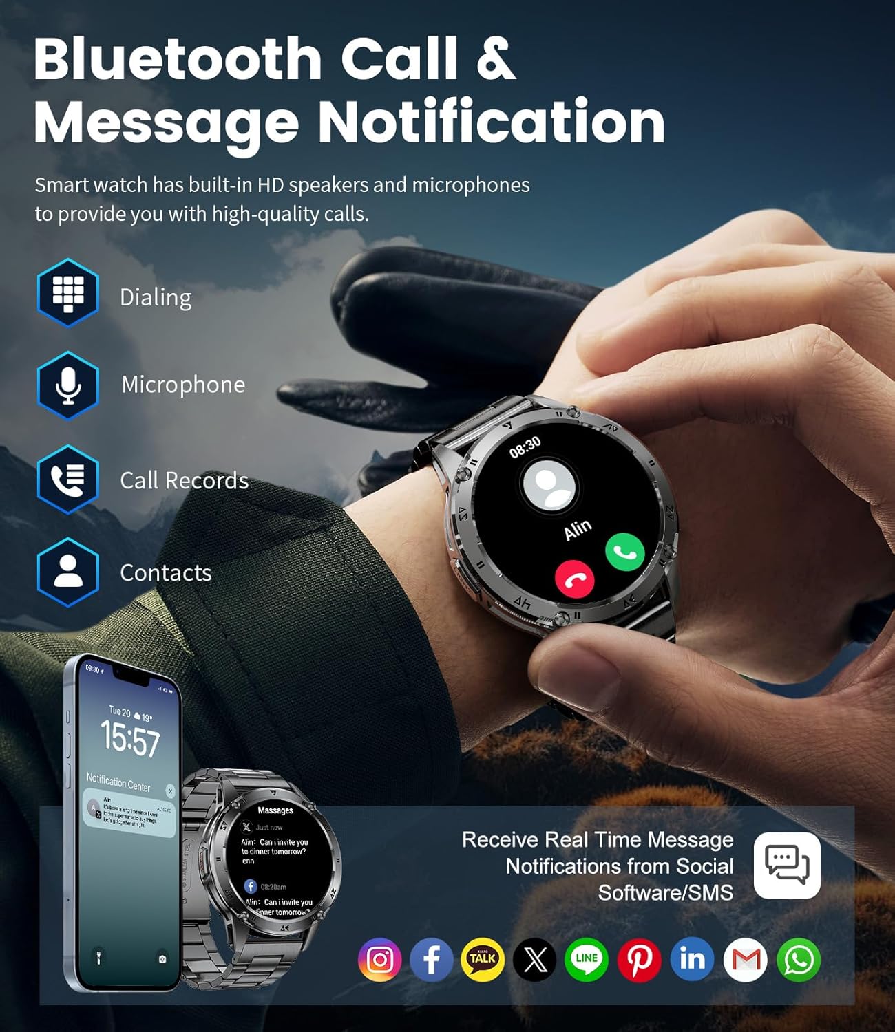 LIGE Military Smart Watch for Men iPhone Android 1.43" HD Amoled Rugged 120+ Sport Modes IP68 Waterproof Answer/Make Call Fitness Running Heart Rate Blood Pressure Health Mens Smartwatch EF6-A