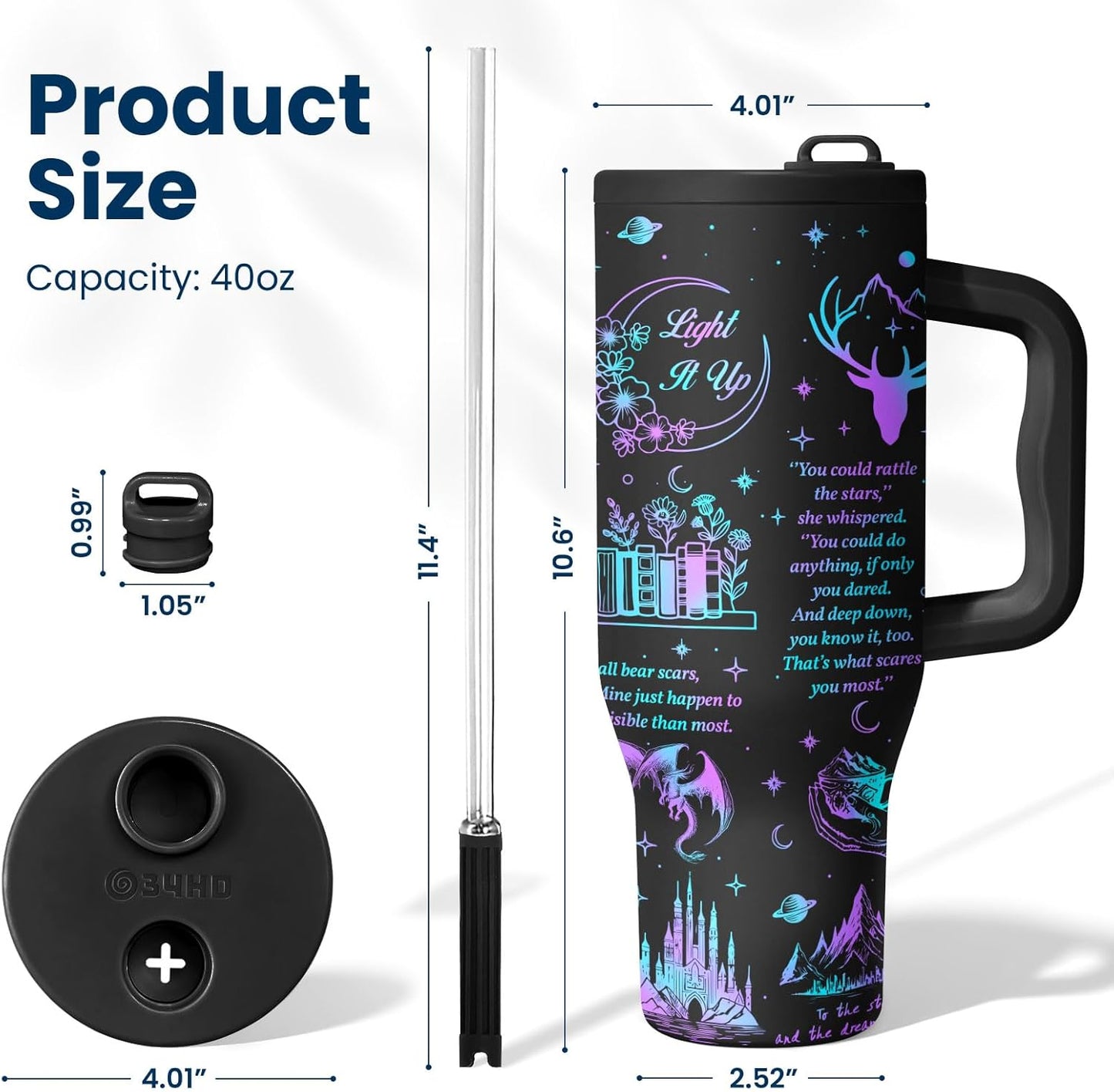 34HD Starlight Tumbler 40oz with Handle and Straw, Fantasy Light It Up Stainless Steel Insulated Travel Coffee Mug, Dark Cup for Book Lovers - Birthday Gifts, Bookish Items for Him Her & Reading Fan