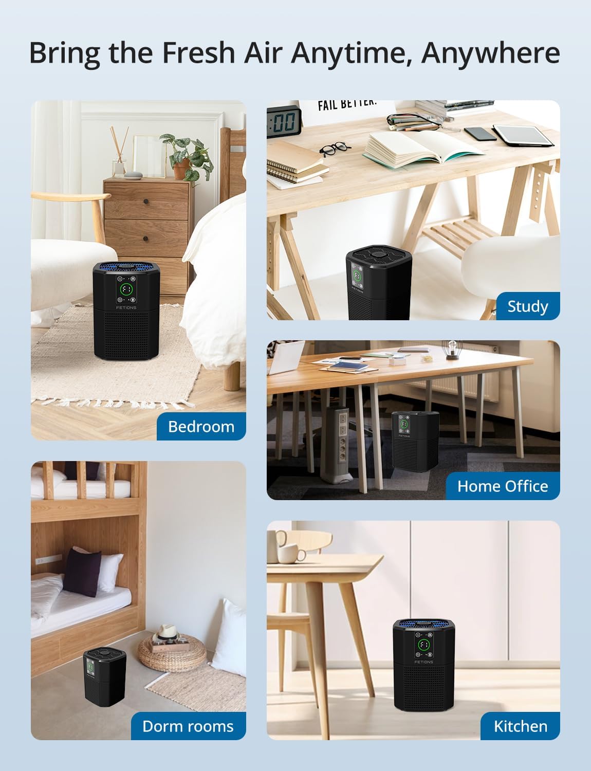 Air Purifier for Home Bedroom Pets, FETIONS Air Cleaner with Ambient light Fragrance Sleep Mode, Compact with H13 HEPA Filter for Dander Smoke Pollen Odor, 9 Timer Settings, 4 Fan Speeds,Black,1 Pack