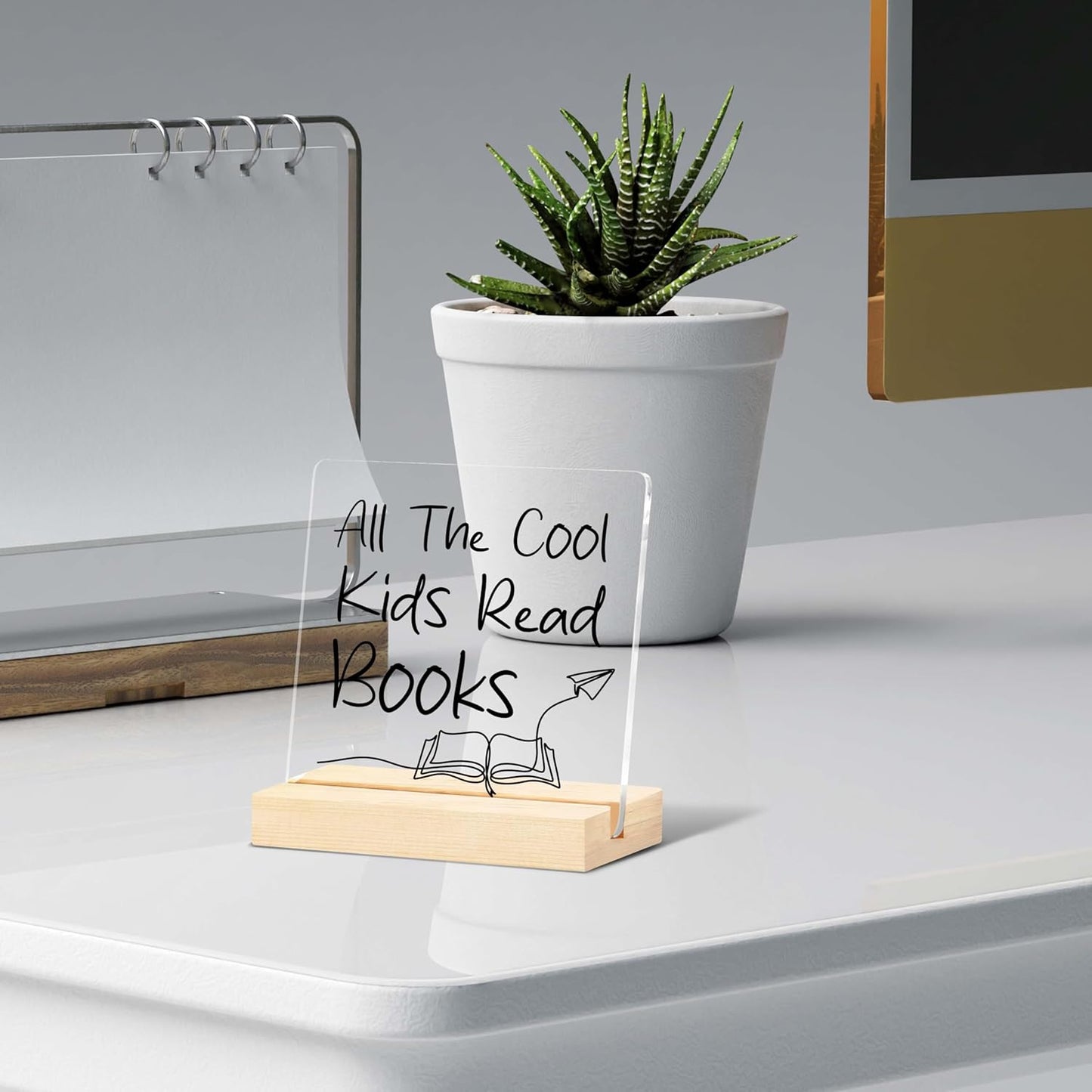 All The Cool Kids Read Books - Reading Sign 4"x4" with Wooden Stand - Decor for Classroom, Library, Reading Room, Book Shelf, etc. - Favors for Back-to-School Season, Christmas, etc.(004)