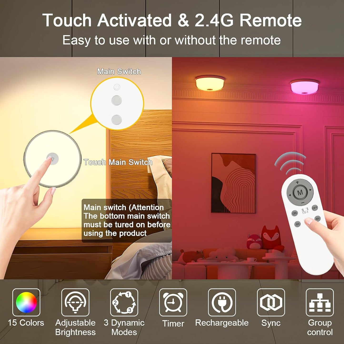 Rechargeable Shower Light, 15 Color Changing Mood Light with Remote, 2600mAh Battery, No Wiring, for Shower, Bathroom, Closet, Bedroom, Livingroom (3Pack-White, 3Pack)