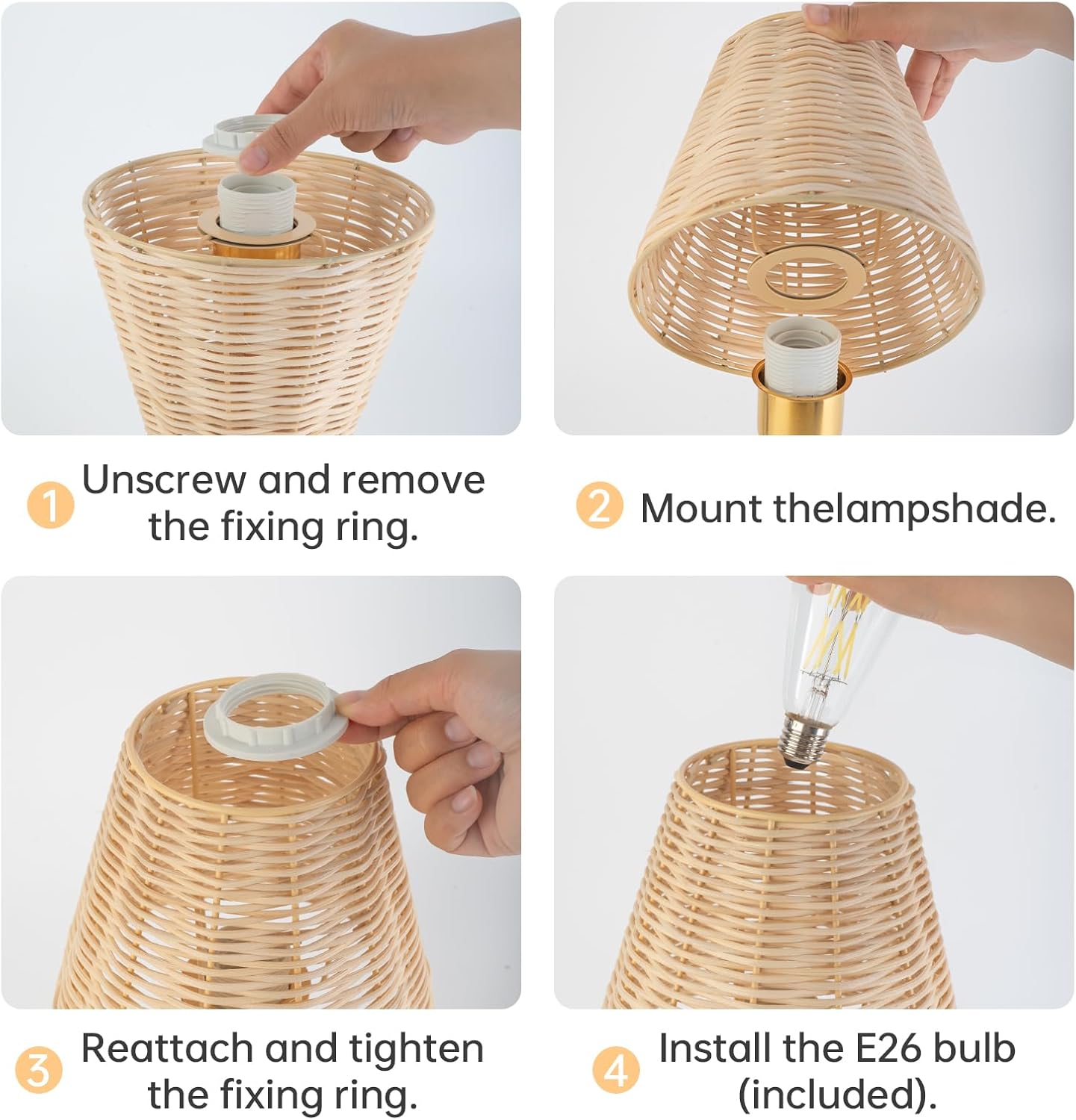 Rattan Table Lamp with Knob Switch, Seamless Dimming Bedside Lamp Wood Base, Small Nightstand Lamp for Bedroom, E26 Bulb Included