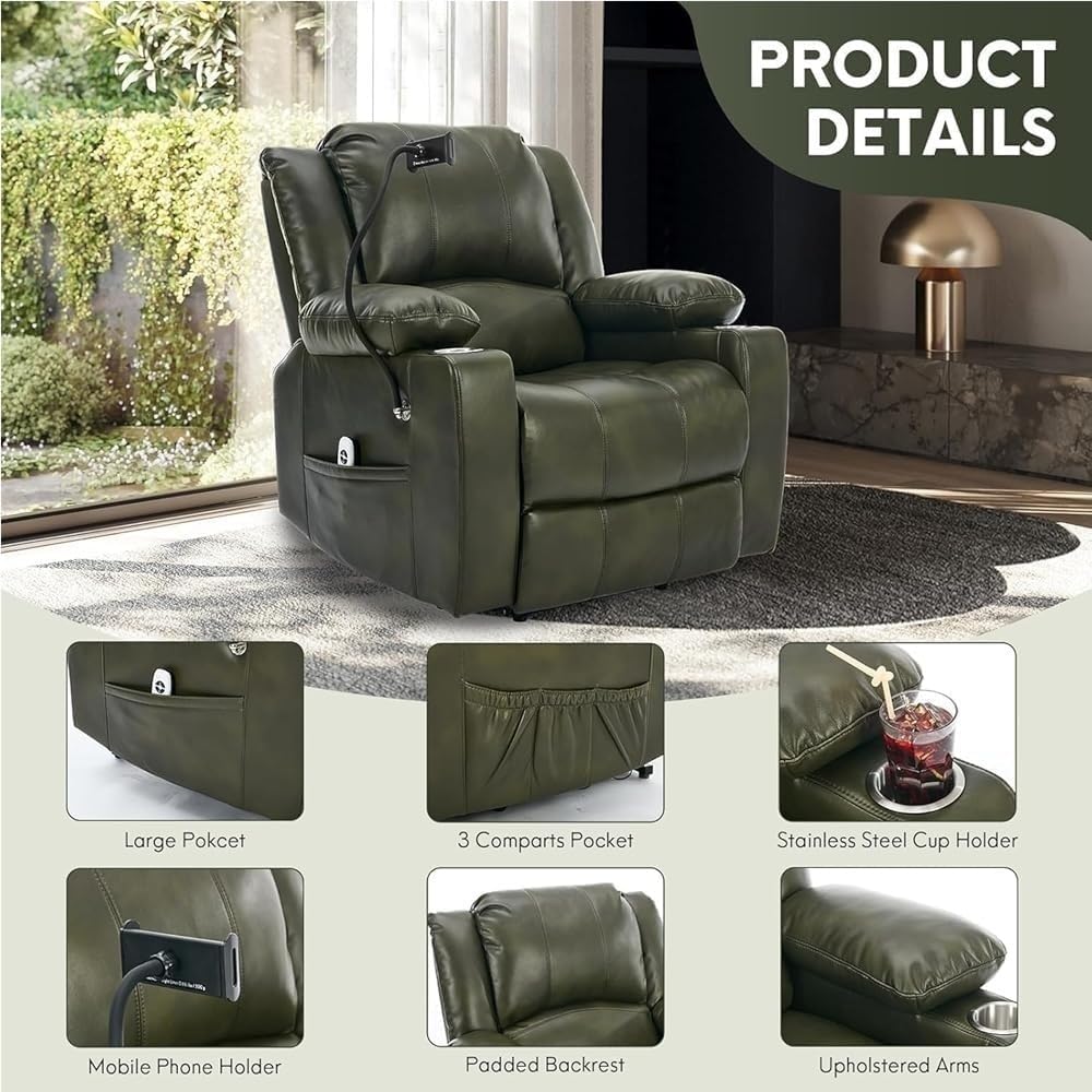 Electric Massage Genuine Leather Power Lift Chair Recliner Adjustable Reclining Sofa Chairs for Adults Elderly Home Theater Living Room Long Hours Sitting