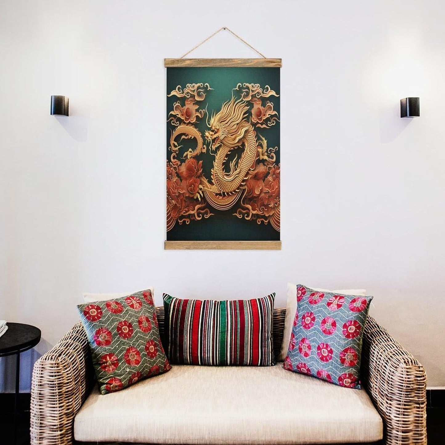 Vintage Dragon Chinese Background Poster with Wooden Frame Personalized Linen Hanging Scroll Painting Rustic Wall Hanging Illustrative Modern Artwork Decor for Home Living Room Bedroom Office