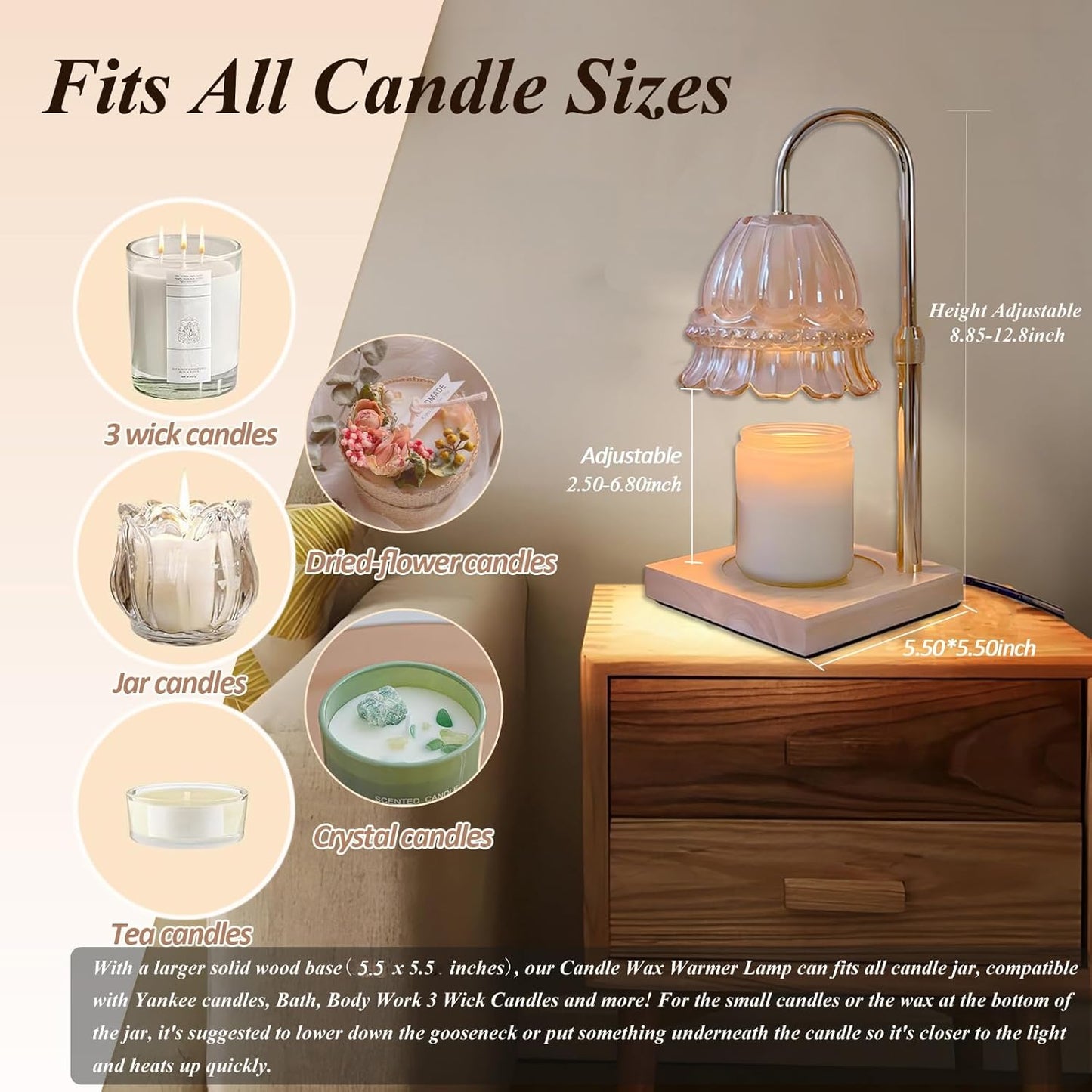 Glass Flower Lampshape Candle Warmer Lamp with Adjustable Height, Wax Burner Lamp with Timer and Dimmer, Wooden Base Candle Warmer, Women's Gifts (Amber)