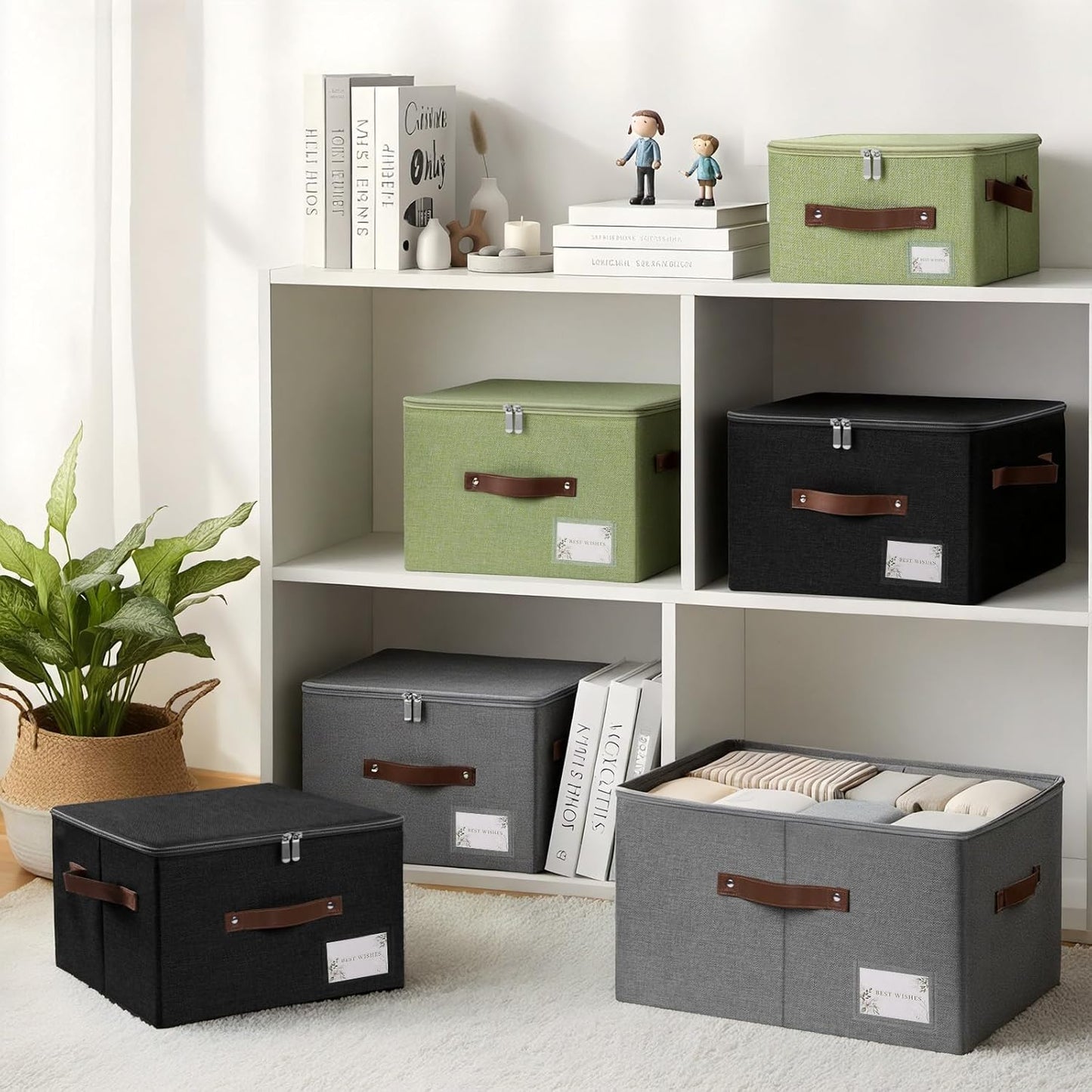 Lucky Monet 3PCS Storage Bins with Zipper Lids 17.7"x13.8" x10" Foldable Lidded Fabric Storage Boxes Cotton Linen Closet Shelf Clothes Organizer with Handles & Label Pocket (Black, Extra Large)