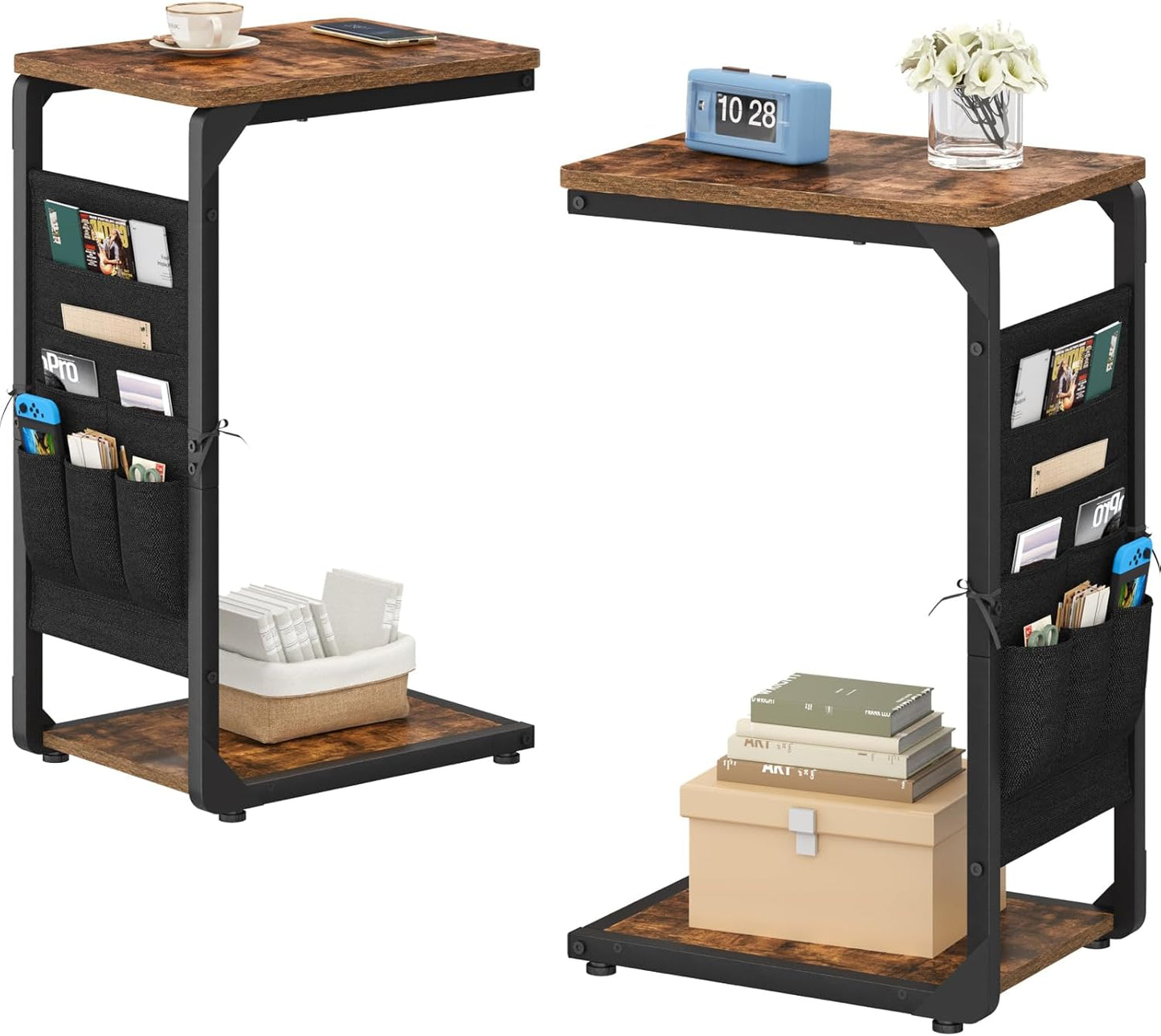 Narrow C-Shaped End Tables with Storage Bag, Sofa TV Trays Set of 2, Tray Table Small Couch Side Table for Living Room, Bedroom, Bedside ET-P-BR2