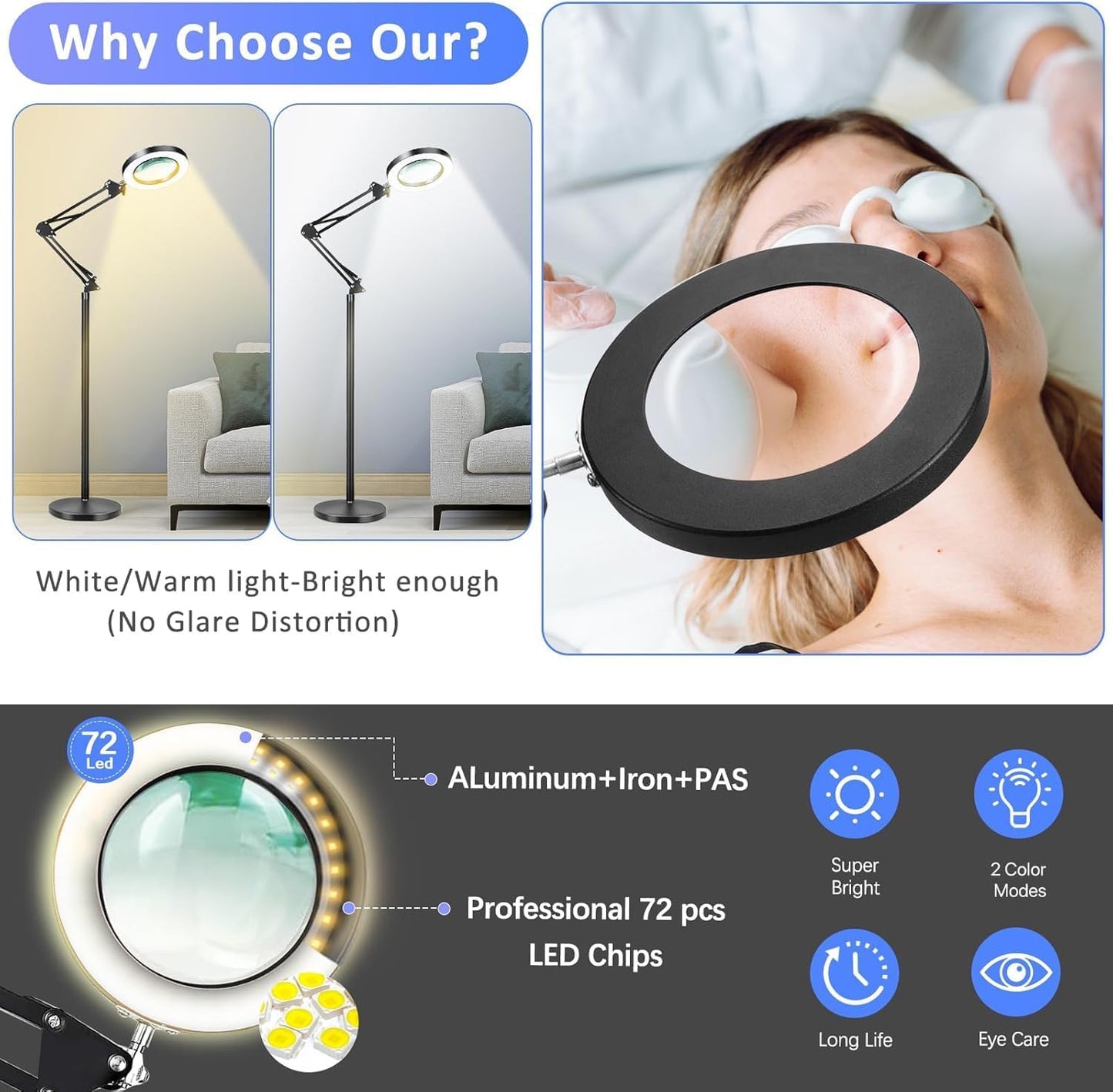 10X Large Floor Magnifying Glass with Light and Stand, 3-in-1 Adjustable Height Lighted Magnifier, 72 LED Floor Lamp 5 Color Stepless Dimmable Arm Swing Floor Magnifying Lamp for Reading
