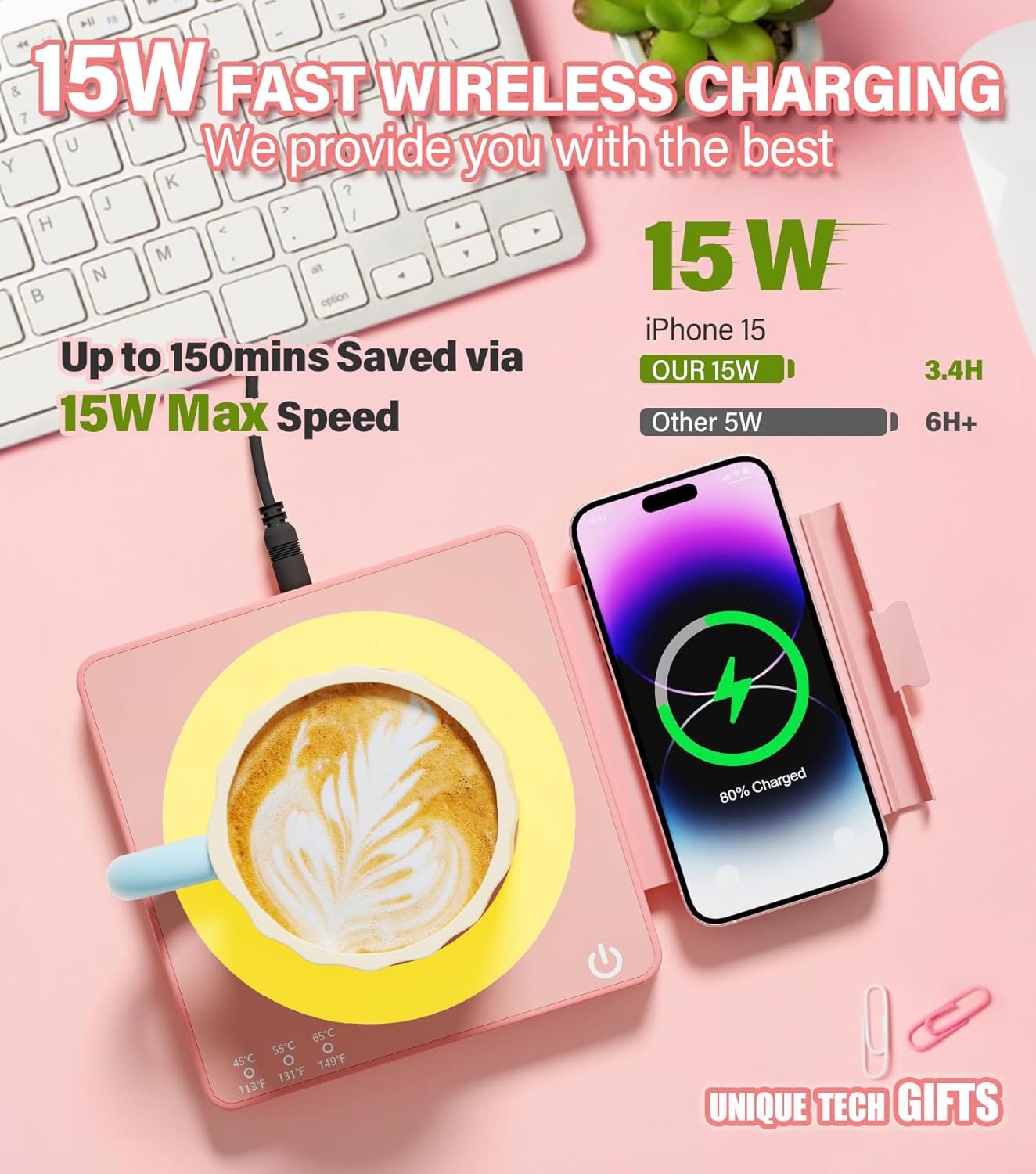Coffee Mug Warmer for Desk with 15W Wireless Charging Pad, Electric Cup Warmer 3 Temp Settings, Smart Candle Heat Plate, Home Office & Coffee Lover Gifts for Women Valentine's Day Gift for Her, Pink