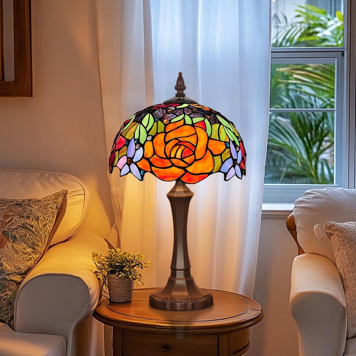 Capulina Tiffany Lamp Stained Glass Table Lamp,12X12X20 Inches Red Rose Tiffany Style Desk Reading Lamp for Living Room Bedroom Study Home Office