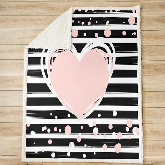 Feelyou Heart Pattern Throw Blanket Geometric Stripe Fleece Blankets for Crib Bed Couch Adult Black and White Fuzzy Blanket Simple Modern Style Sherpa Blanket Pink Polka Dots Reversible Twin 60"x80"