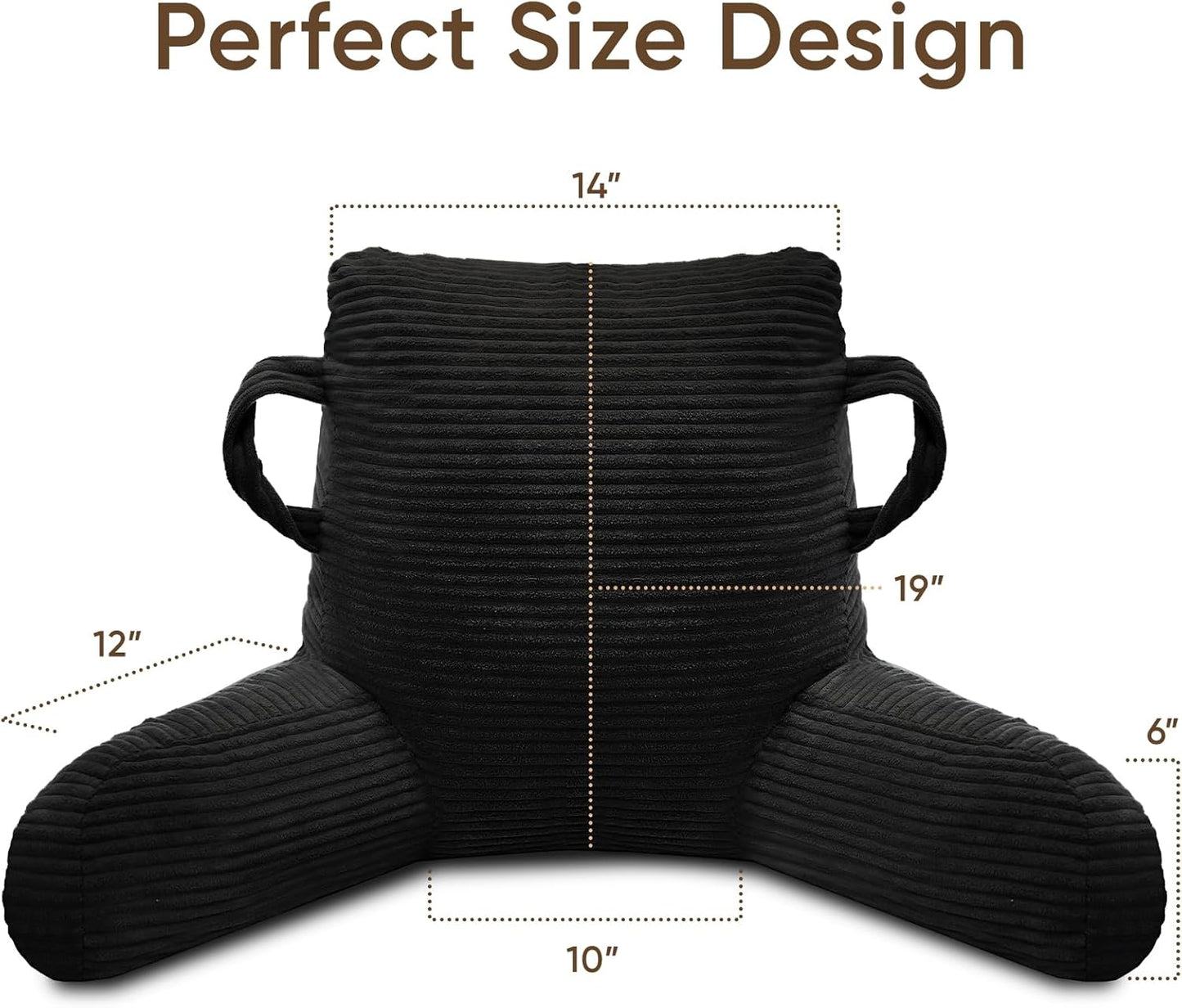 Reading Pillow for Sitting in Bed Adult, Bed Reading Pillow with Shredded Memory Foam, Back Pillow for Sitting with Arms and Pockets, Black